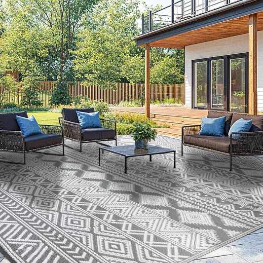 Waterproof Outdoor Rug 8x10 ft, Reversible Plastic Straw Patio Camping Rugs, Outdoor Indoor RV Mat Carpet for Patio, Outside Entry, Backyard, Deck, Bench, Picnic, Camper(8x10,Gray&White)