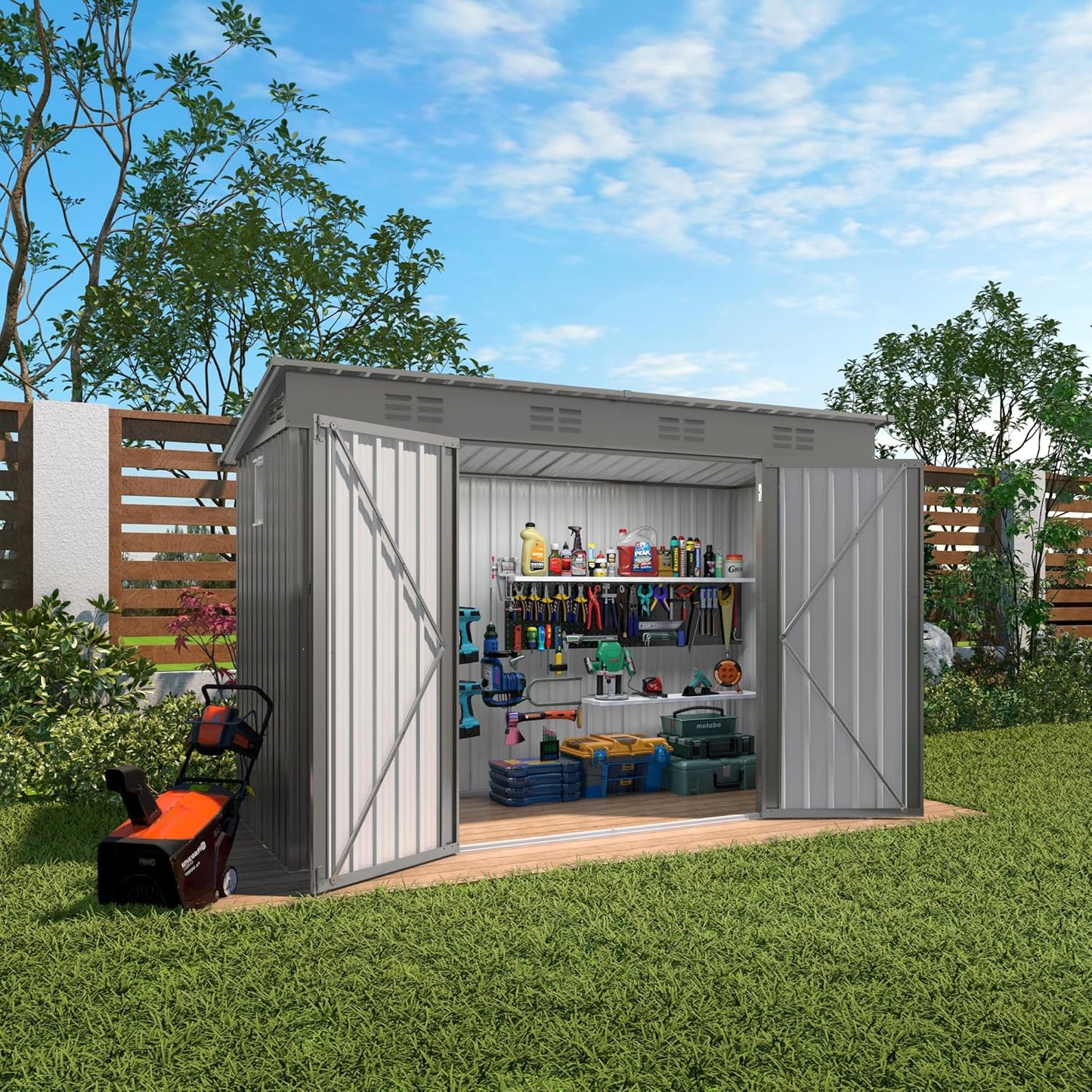 4 * 9.2 * 6 FT Outdoor Storage Shed, Galvanized Steel Garden Shed with Lockable Door & Window, Waterproof Metal Tool Storage for Garden, Backyard, Patio, Lawn(Gray)