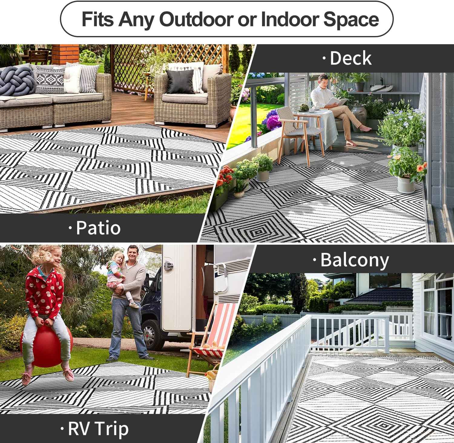 Waterproof Outdoor Rug 6x9ft, Foldable Reversible Plastic Straw Mat for Patio RV Deck Porch Backyard Balcony Camping Picnic Beach Indoor Outdoor Carpet, Black&White