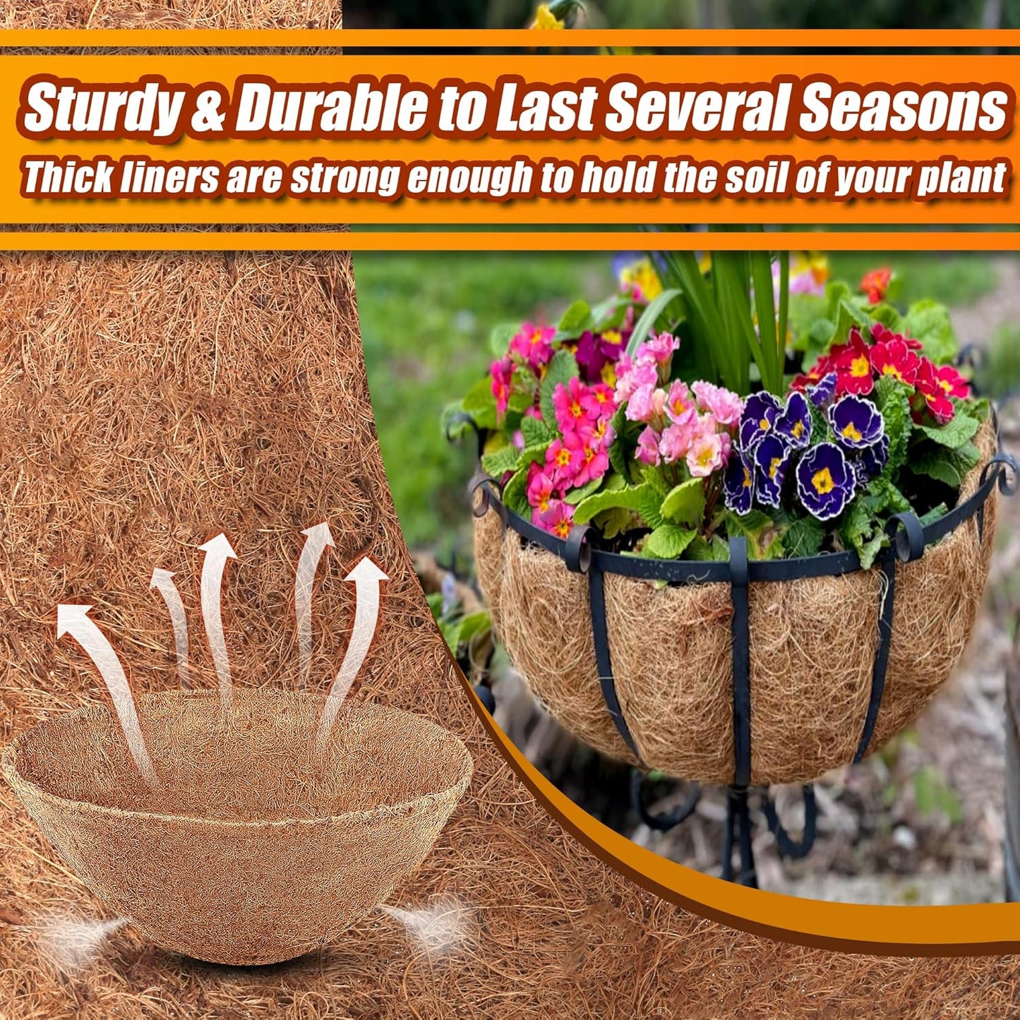 Coco Liners for Planters 16 Inch, 4 Pack Round Hanging Basket Liners, Coconut Fiber Liners for Planters Flowers Garden
