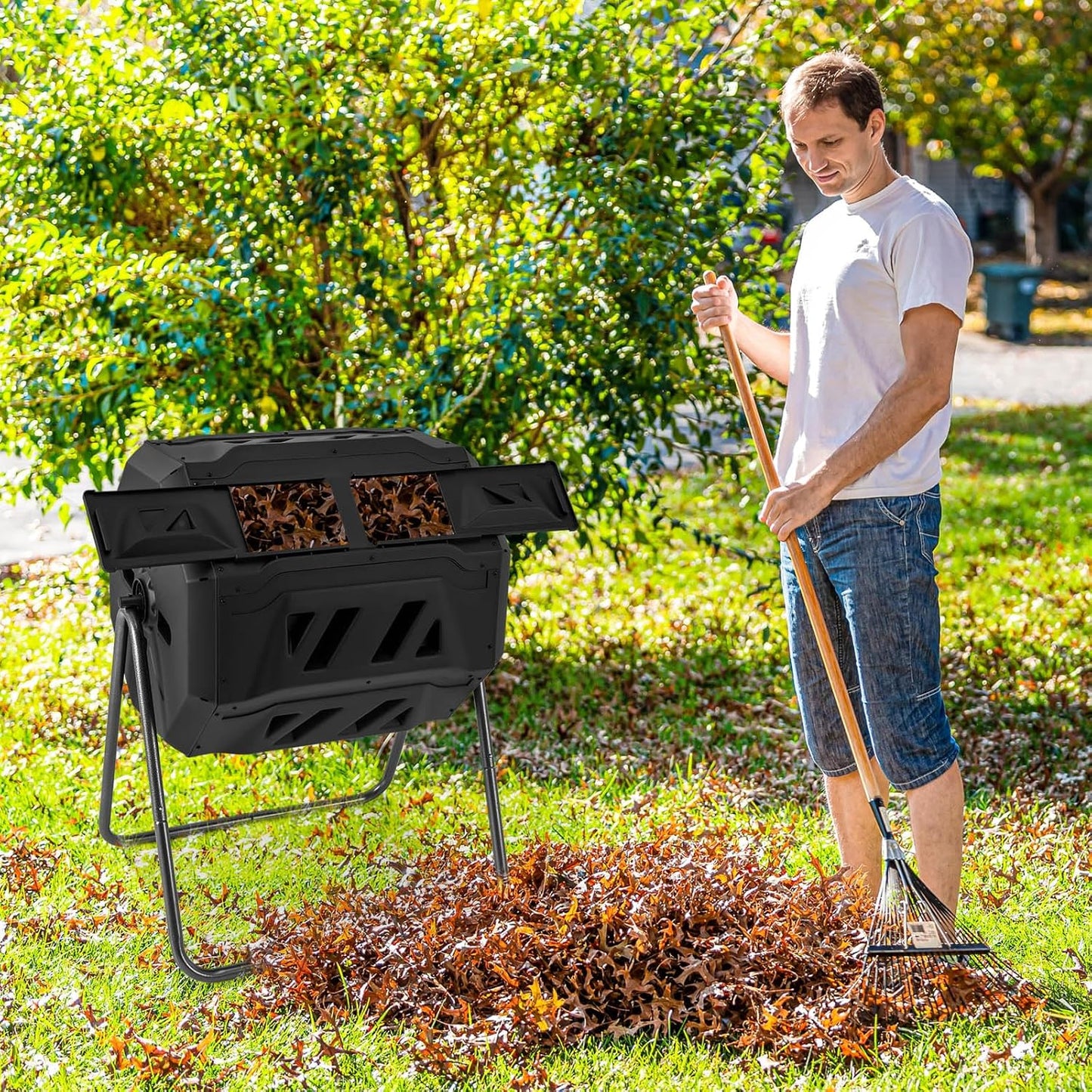 Goplus Compost Bin, Outdoor 42-Gal Dual Chamber Composting Tumbler w/2 Sliding Doors, Heavy-Duty Metal Frame, 360° Rotatable Tumbling Composter, BPA-Free Compost Tumbler for Kitchen Garden Yard Waste