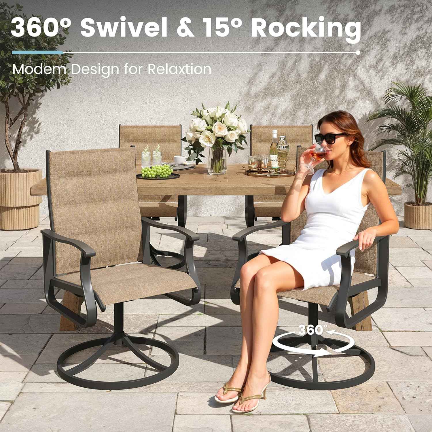 5 Pieces Patio Dining Set, Padded Patio Outdoor Furniture Set of 4 Patio Swivel Dining Chairs and 36" Patio Spliced Square Tabletop with Umbrella Hole, for Deck, Backyard, Poolside & Garden