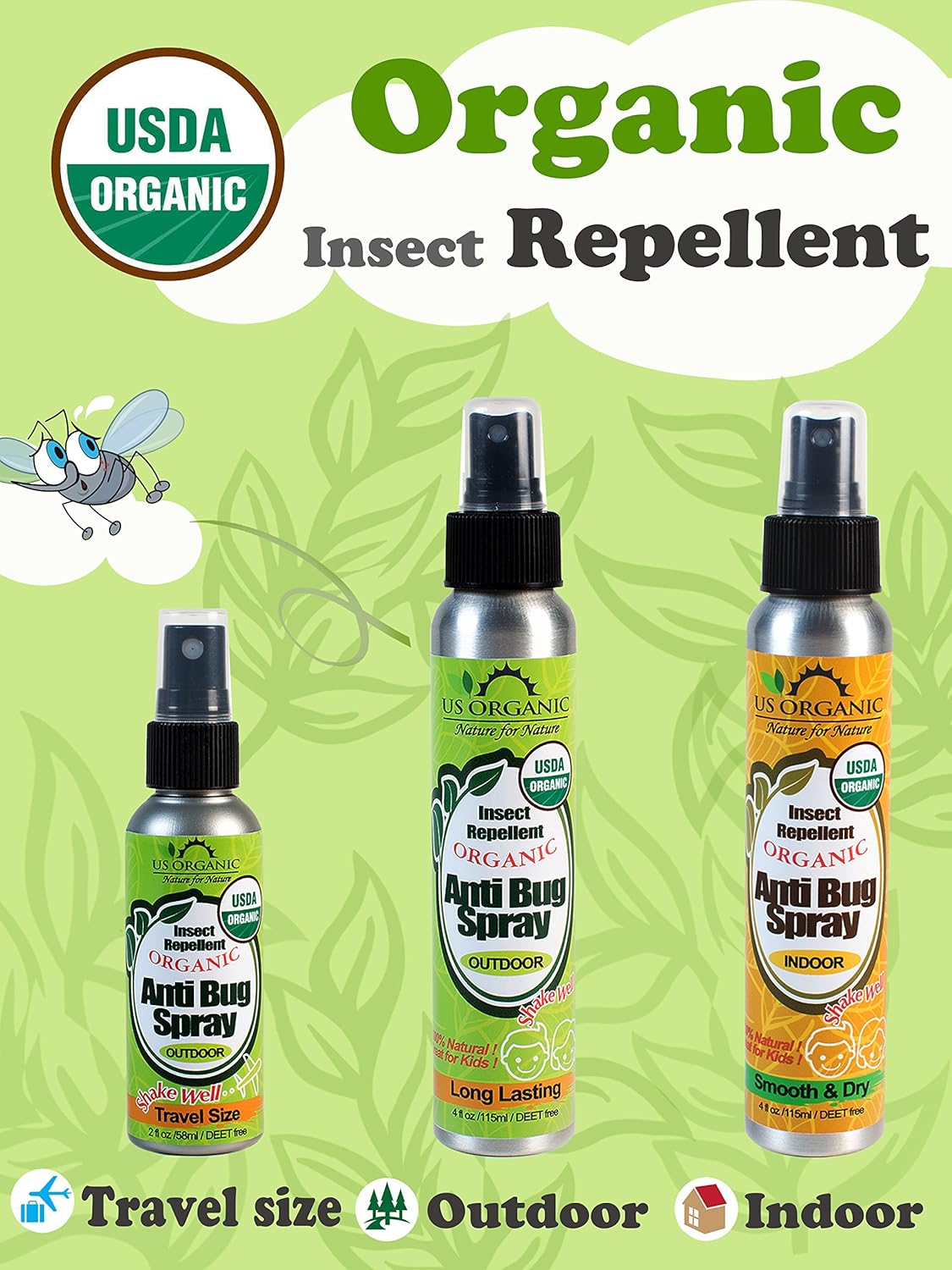 US Organic Mosquito Repellent Anti Bug Outdoor Pump Sprays, USDA Certification, Cruelty Free, Proven Results by Lab Testing, Deet-Free (2 oz Travel Size)