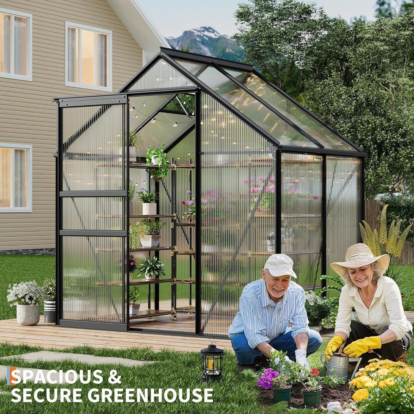 6x4 ft Greenhouse, Walk in Polycarbonate Greenhouses for Outdoors with Roof Vent&Sliding Door, Heavy Duty Green House with Aluminum Frame for Outside Garden Backyard, Patio, Lawn, Black