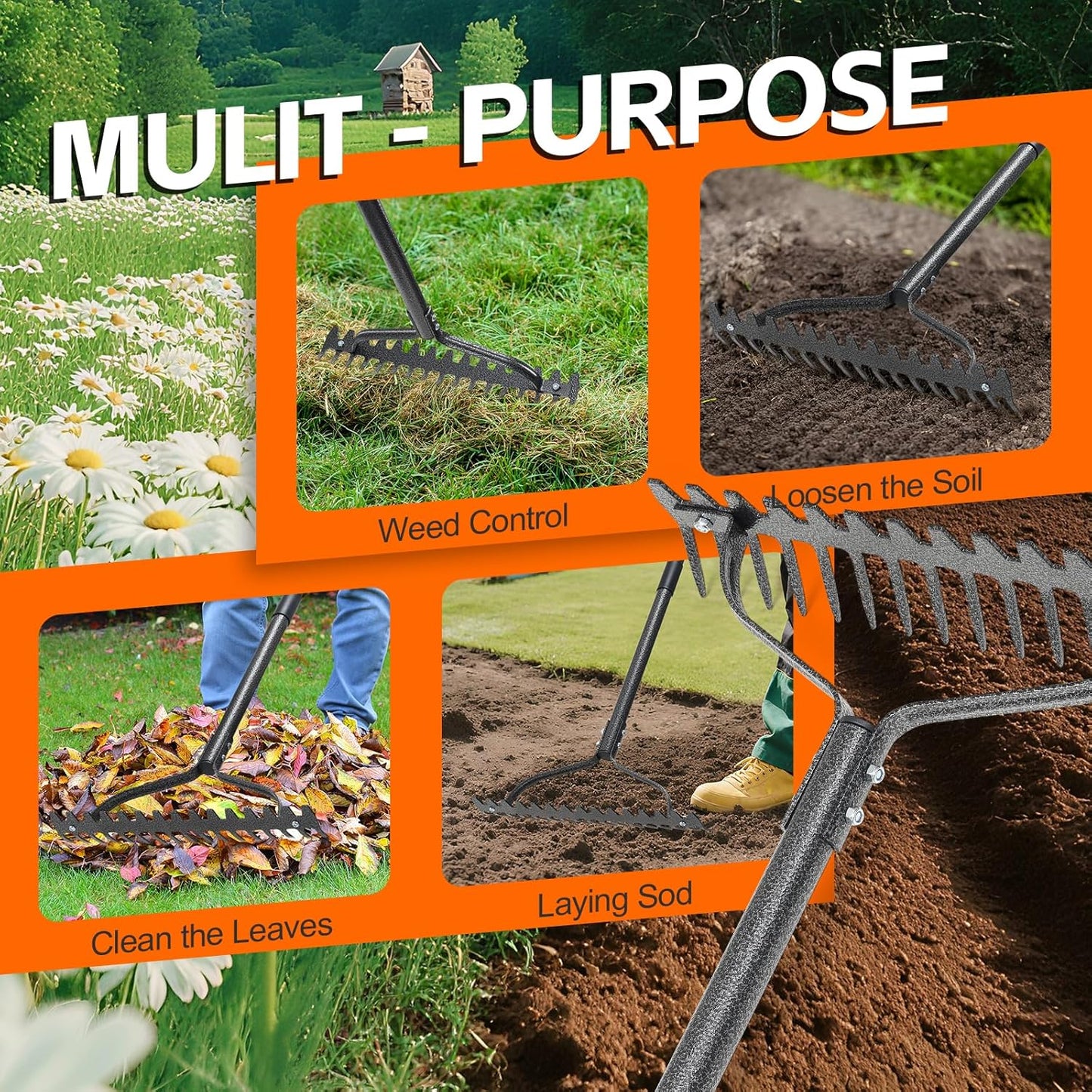 Bow Rake, Heavy Duty Metal Garden Rake for Looseing Soil, Leveling Lawn and Cleaning Leaves, 63" Long Handle Ergonomic Thatch Rake with 17 Tines for Yard,Farm,Lawn,Garden