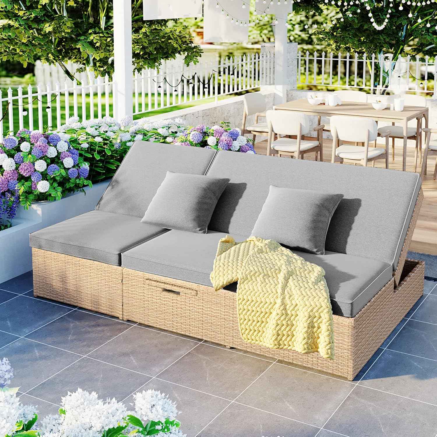 Outdoor Rattan Daybed Patio Wicker Double Sunbed with Adjustable Backrest and Cup Tray, All Weather Patio Reclining Chairs Conversations Set with Thick Cushions and Pillows for 2 Person (Brown-D)