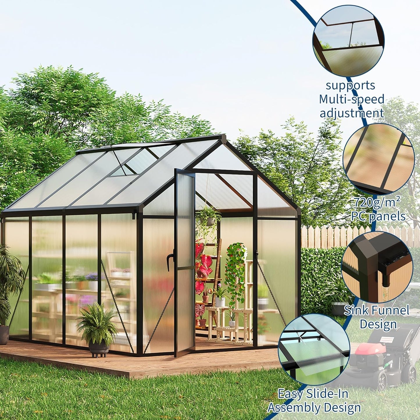 6x8FT Polycarbonate Greenhouse, Walk-in Outdoor Aluminum Frame Greenhouse with Roof Vent, Lockable Push Door for Garden, Backyard, Patio & Lawn