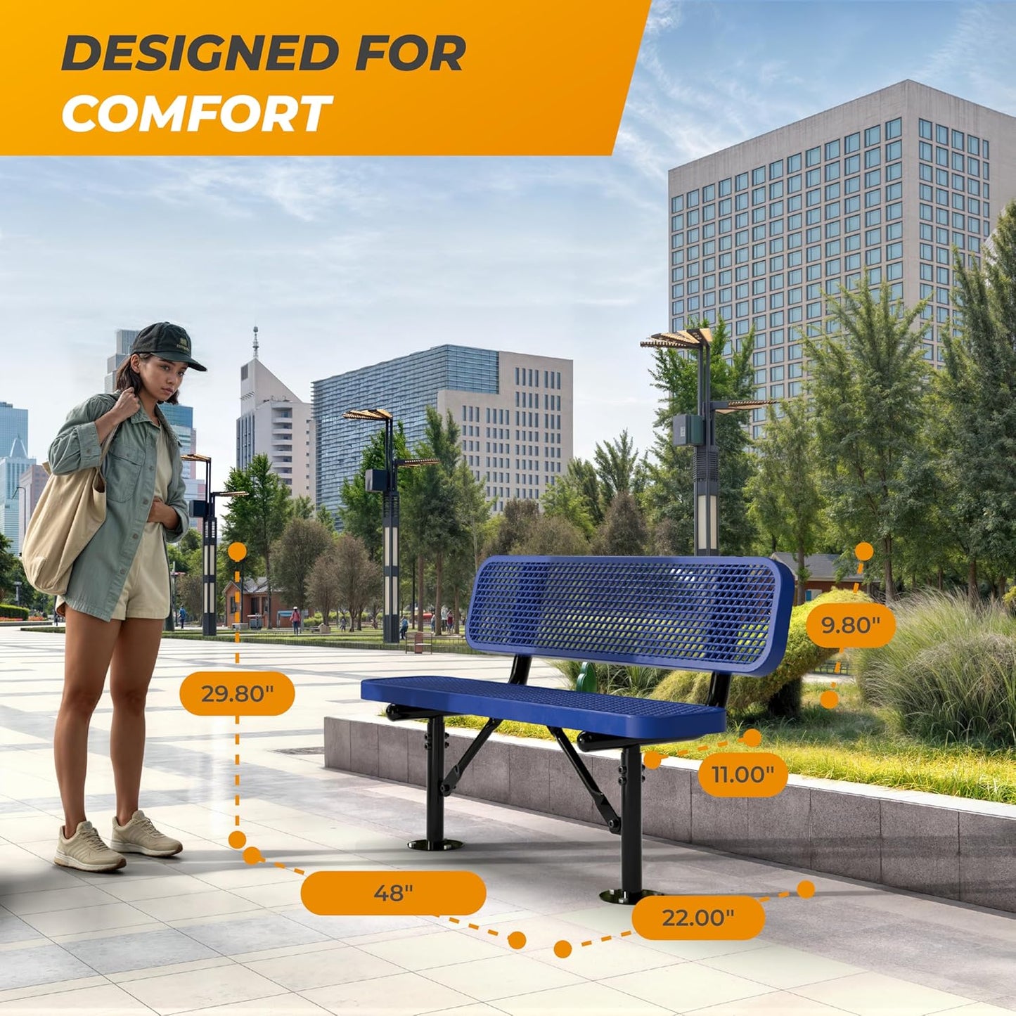 Heavy-Duty Outdoor Metal Bench, Thermoplastic-Coated, Surface, Weatherproof, Commercial-Grade for Parks, Gardens, Patios, Stores & More (4 Ft - Surface with Back, Blue)