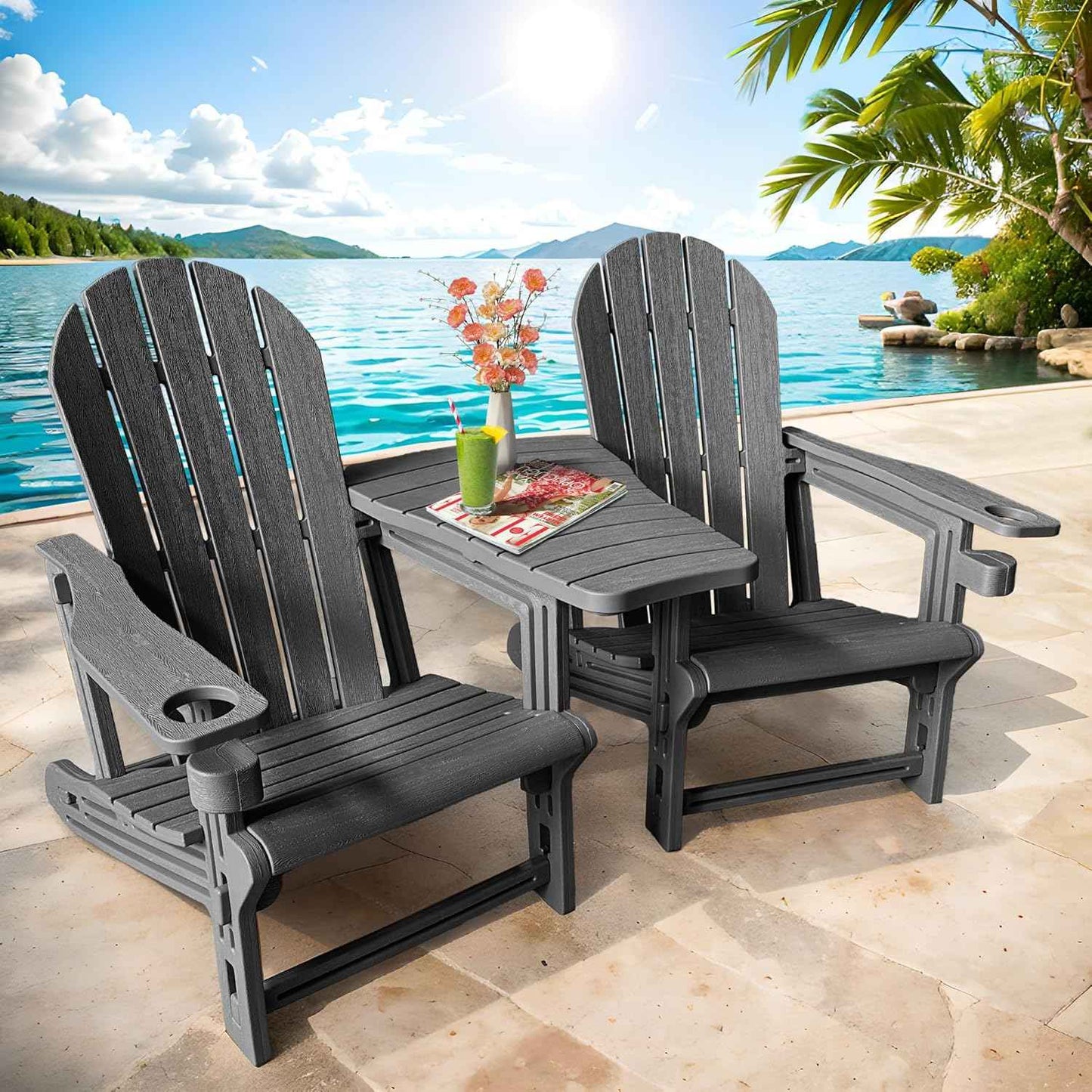 Adirondack Chairs Set of 2 Tool-Free Assembly,Removable Tabletop Tray,No Screws Needed,All-Weather HDPE Outdoor Patio Furniture Set with Cup Holders,Outdoor Lawn Chair for Patio Garden(Classic Black)