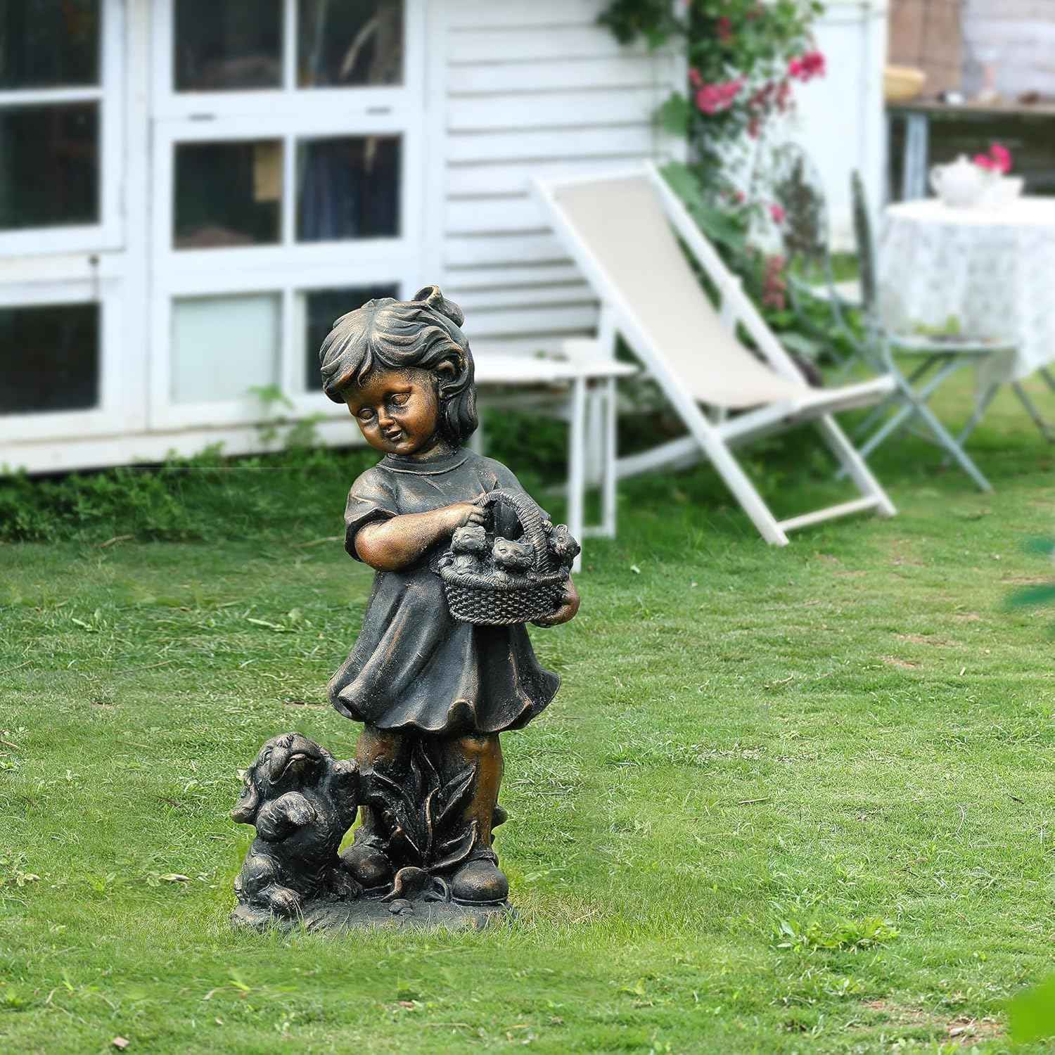LuxenHome Garden Decor Statue,23" Fiber Stone Girl and Puppy Outdoor Statue, Bronze Garden Sculpture, Outdoor Art for Patio Courtyard Backyard Decor, House Warming Gifts