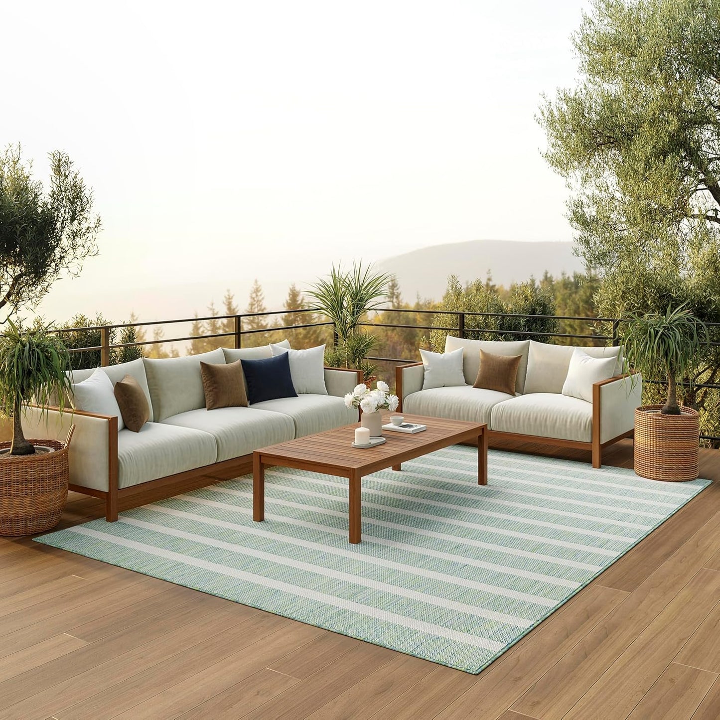 Nourison Home Positano 9' x 12' Indoor/Outdoor Blue Green Ivory Area Rug, Easy Cleaning, Non Shedding, Coastal Style, Striped, Rectangular