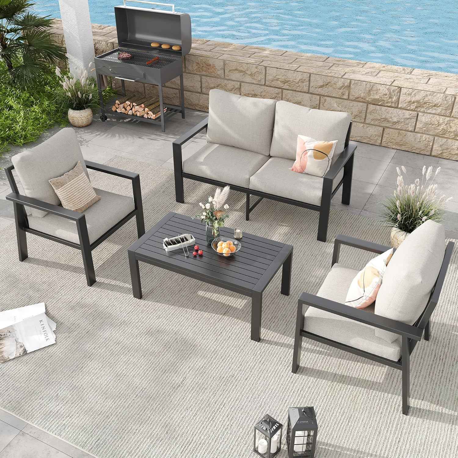 Aluminum Patio Furniture Sets Metal Outdoor Furniture Set with Cushion All-Weather Sectional Sofa with Coffee Table for for Backyard, Garden and Poolside Easy Assembly(Beige)