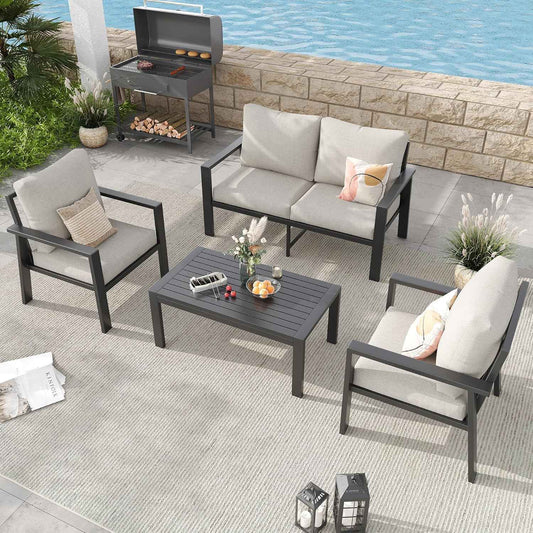 Aluminum Patio Furniture Sets Metal Outdoor Furniture Set with Cushion All-Weather Sectional Sofa with Coffee Table for for Backyard, Garden and Poolside Easy Assembly(Beige)