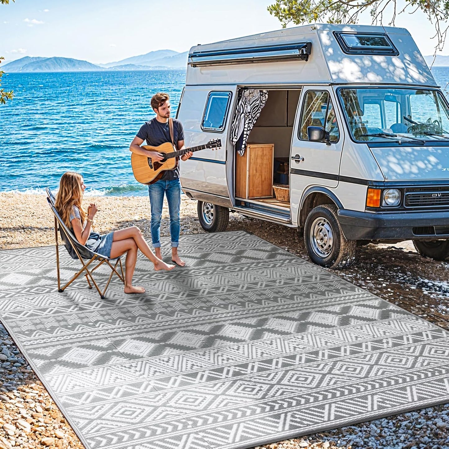 Waterproof Outdoor Rug 8x10 ft, Reversible Plastic Straw Patio Camping Rugs, Outdoor Indoor RV Mat Carpet for Patio, Outside Entry, Backyard, Deck, Bench, Picnic, Camper(8x10,Gray&White)