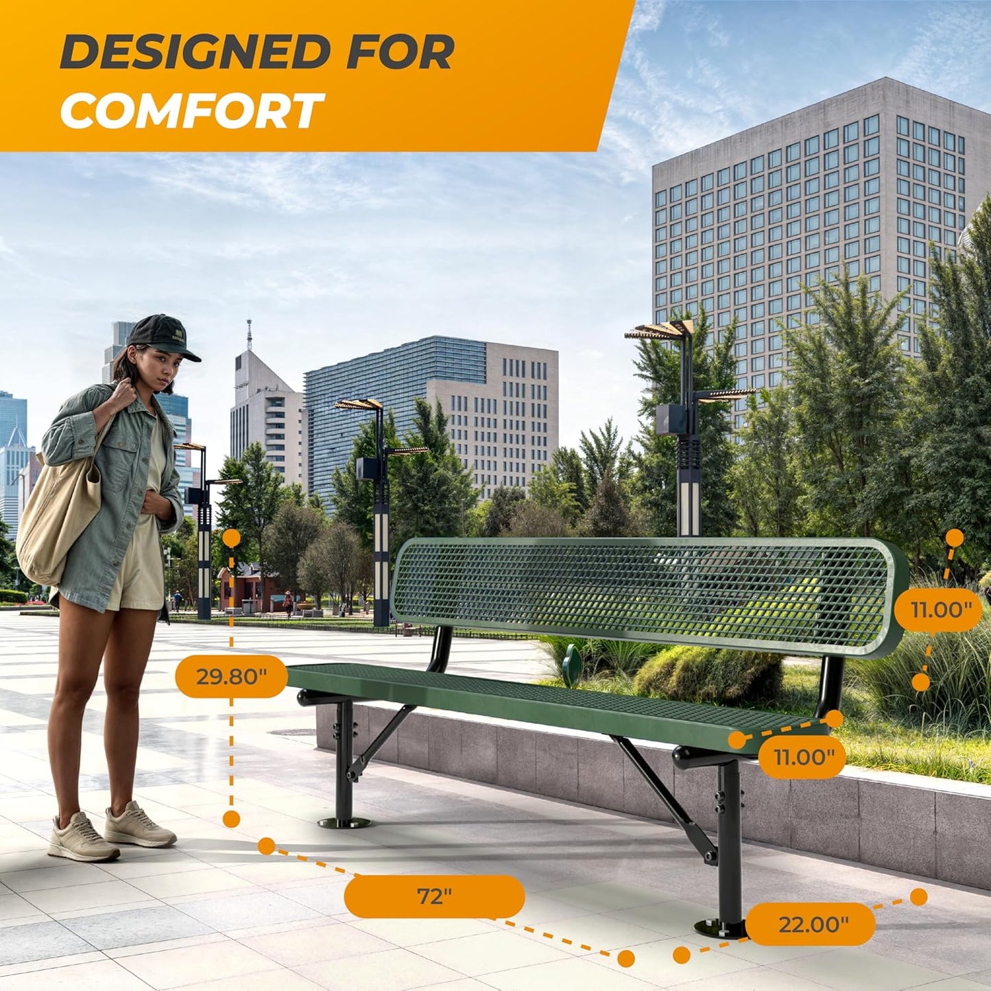 Heavy-Duty Outdoor Metal Bench, Thermoplastic-Coated, Surface, Weatherproof, Commercial-Grade for Parks, Gardens, Patios, Stores & More (6 Ft - Surface with Back, Green)