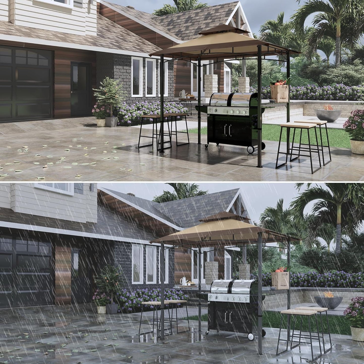 COOSHADE 8'x 5' Grill Gazebo Double Tiered Outdoor BBQ Gazebo Canopy with LED Light (Brown with Khaki)