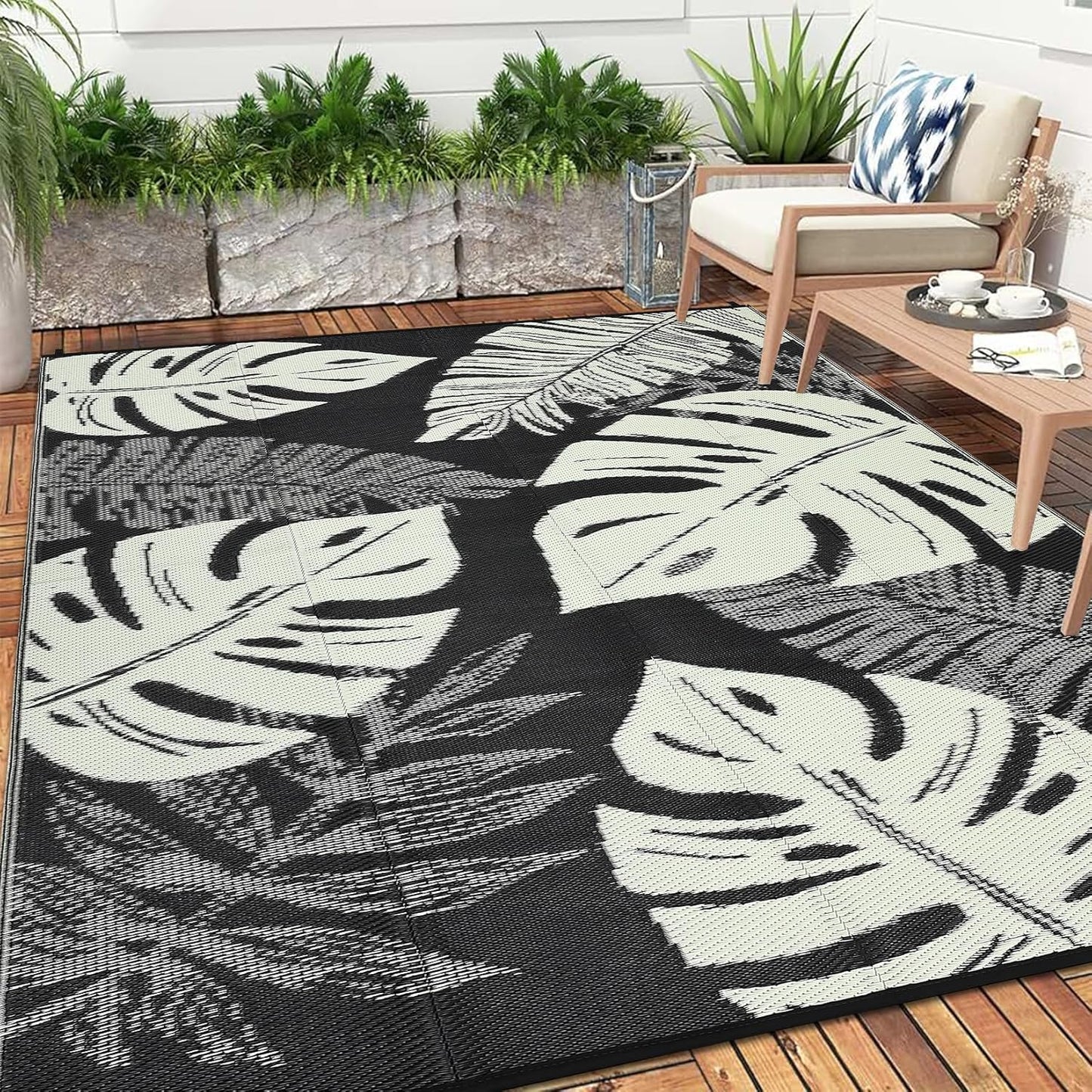 Washable Outdoor Rug Geometric Patio Carpet Waterproof Non-Slip Non-Shedding Ideal for Backyard Deck Porch Camping Beach Farmhouse Black&Beige8x10