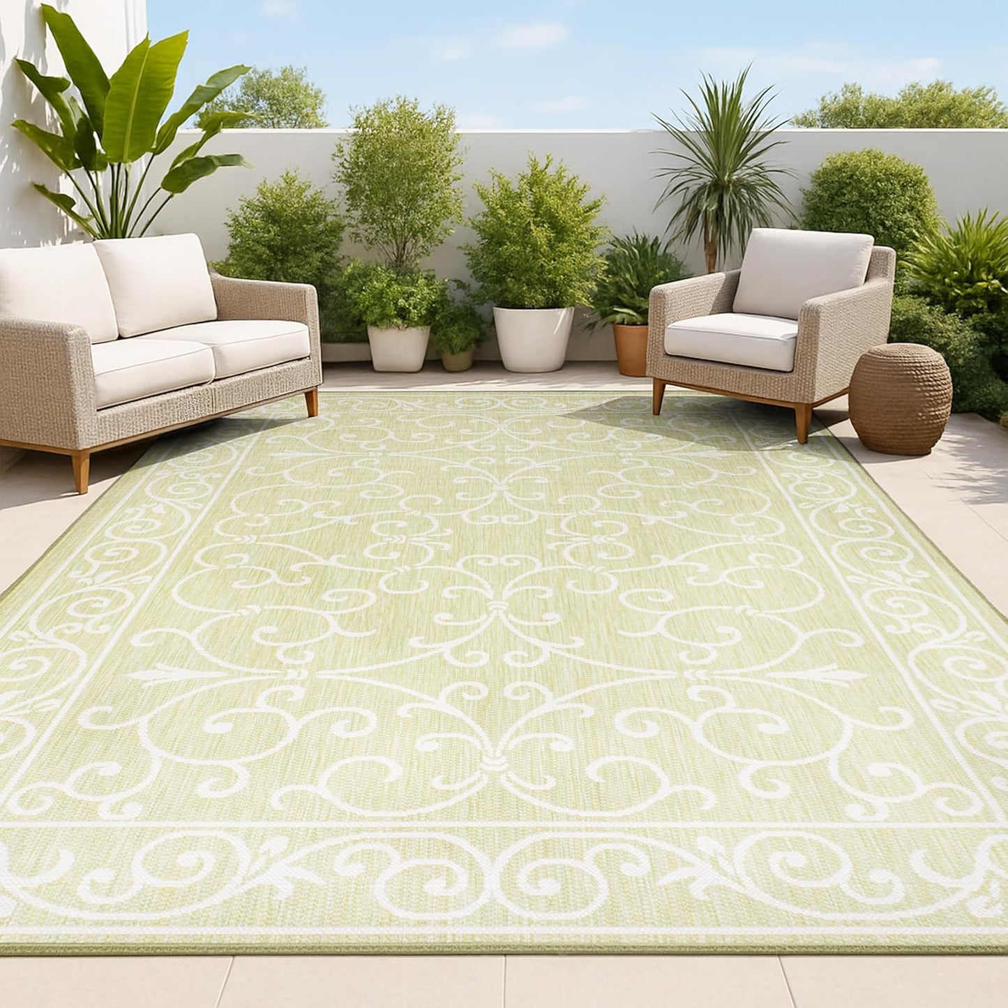 JONATHAN Y SMB106H-9 Charleston Vintage Filigree Textured Weave Indoor Outdoor Area Rug, Coastal,Traditional,Transitional Easy Clean,Bedroom,Kitchen,Backyard,Patio, Non-Shed, Green/Cream, 9 X 12