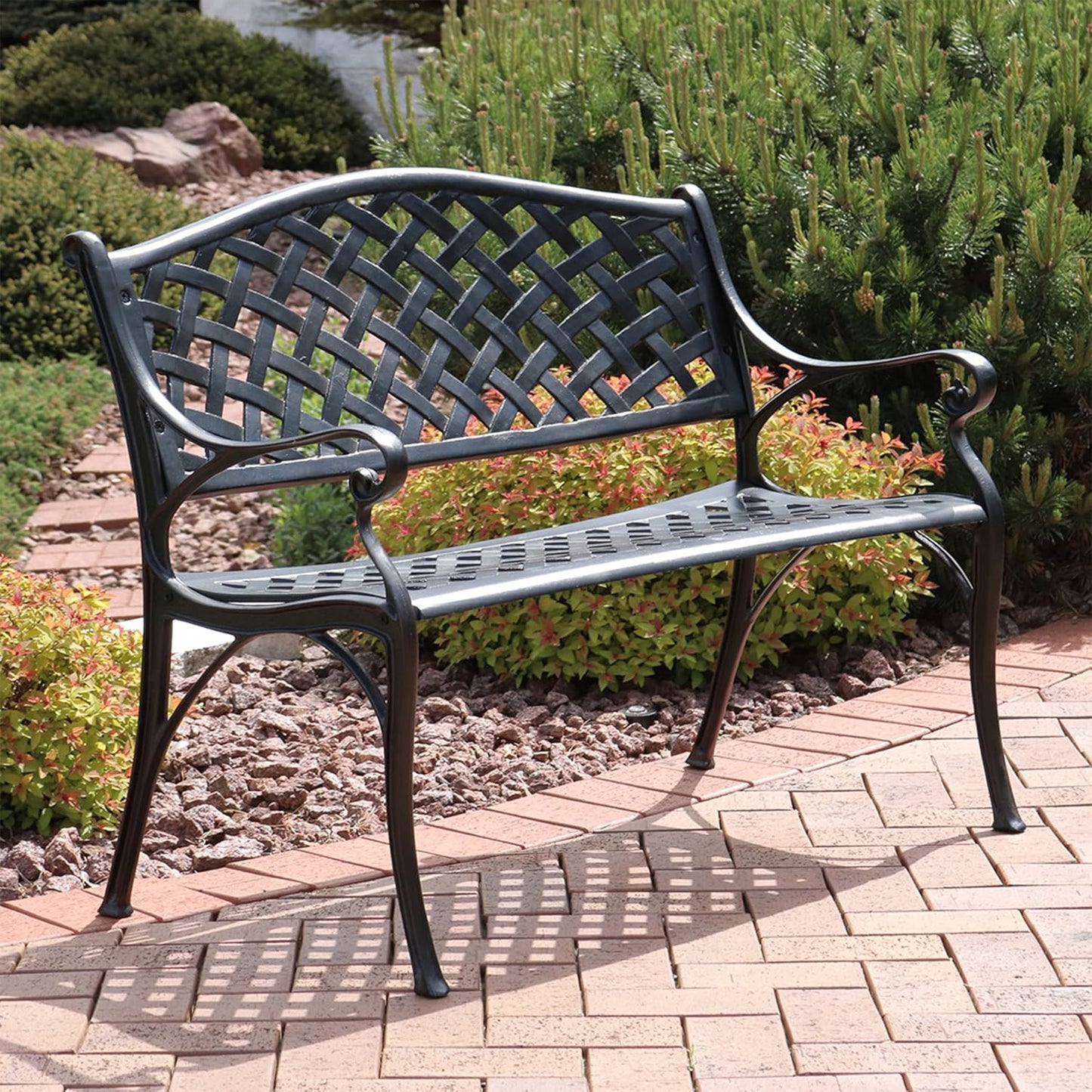 Sunnydaze 39-Inch Outdoor Bench for Patio or Park - Metal Garden Bench for Outdoors - Front Porch or Backyard Seat for Two - Black