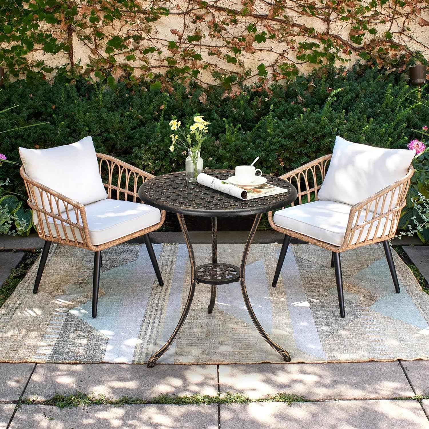 GarveeHome Patio Bistro Table, 24" Round Outdoor Coffee Table with 2" Umbrella Hole, Outdoor Cast Aluminum Bistro Table Side Table with Iron Frame for Balcony Backyard Lawn and Garden, Rustic Brown