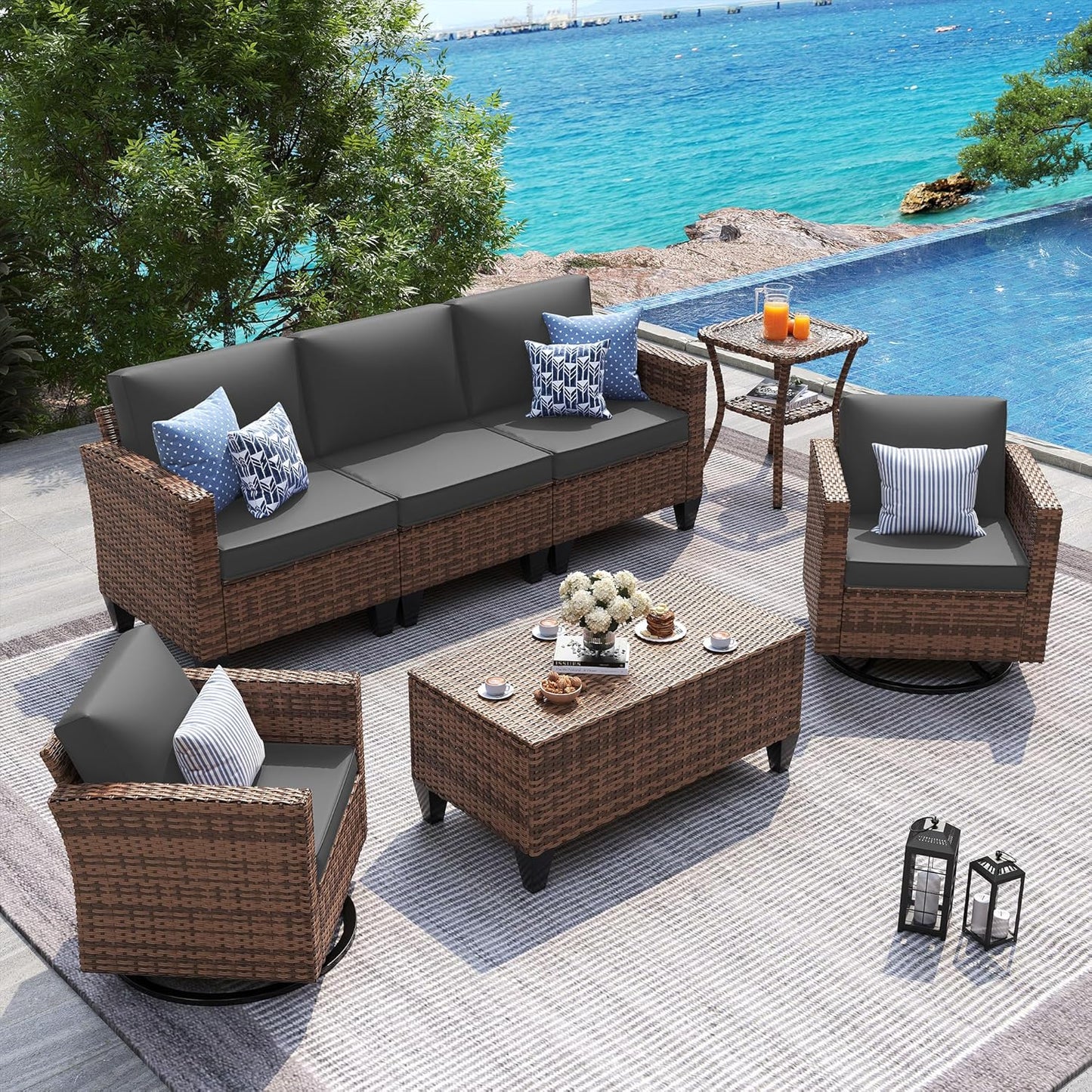 UDPATIO Patio Furniture Set, 5 Pieces Outdoor Conversation Sets with Rocking Swivel Chairs, Wicker Rattan Outdoor Sofa Set with Storage Table and Waterproof Covers for Backyard, Deck, Porch, Grey