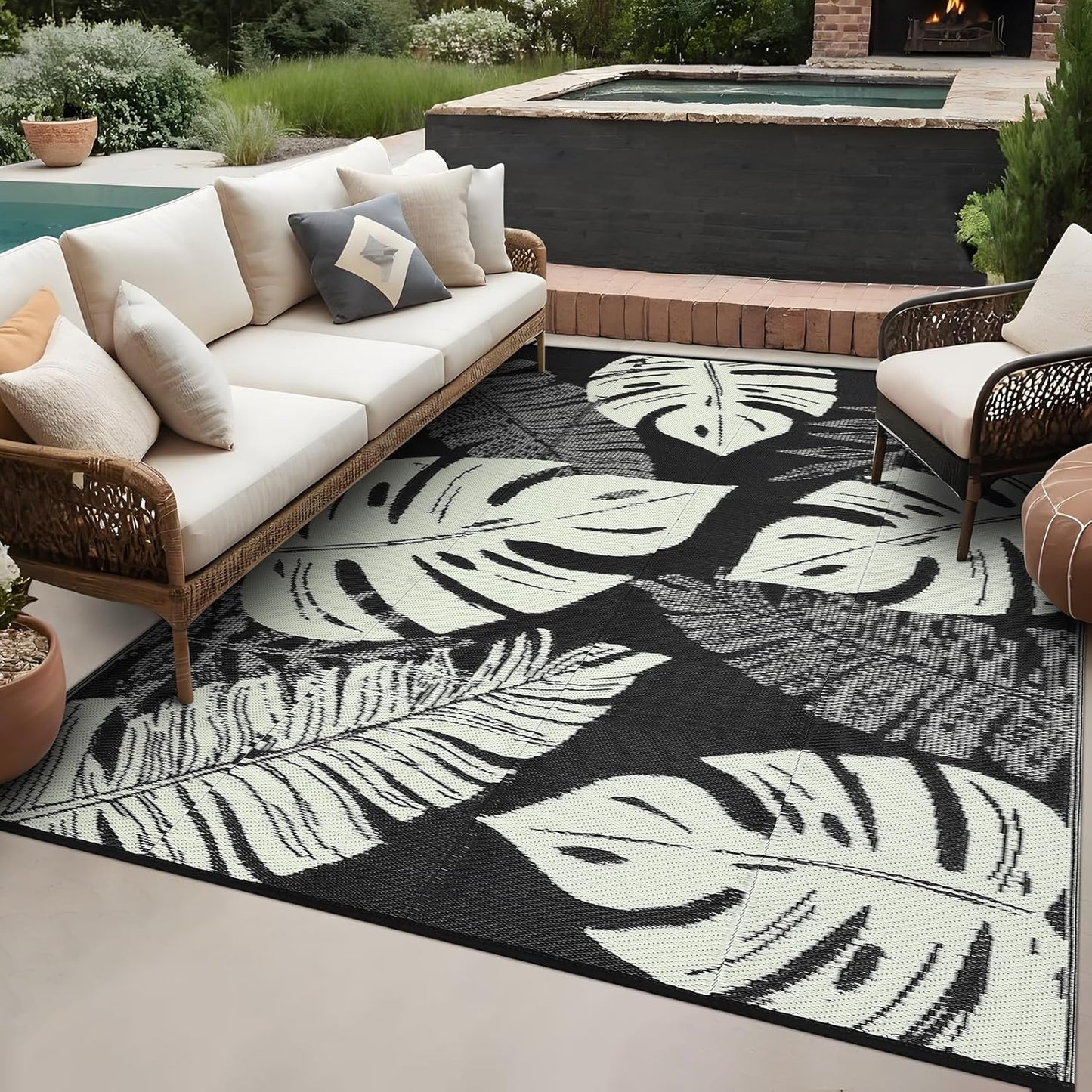 Washable Outdoor Rug Geometric Patio Carpet Waterproof Non-Slip Non-Shedding Ideal for Backyard Deck Porch Camping Beach Farmhouse Black&Beige8x10