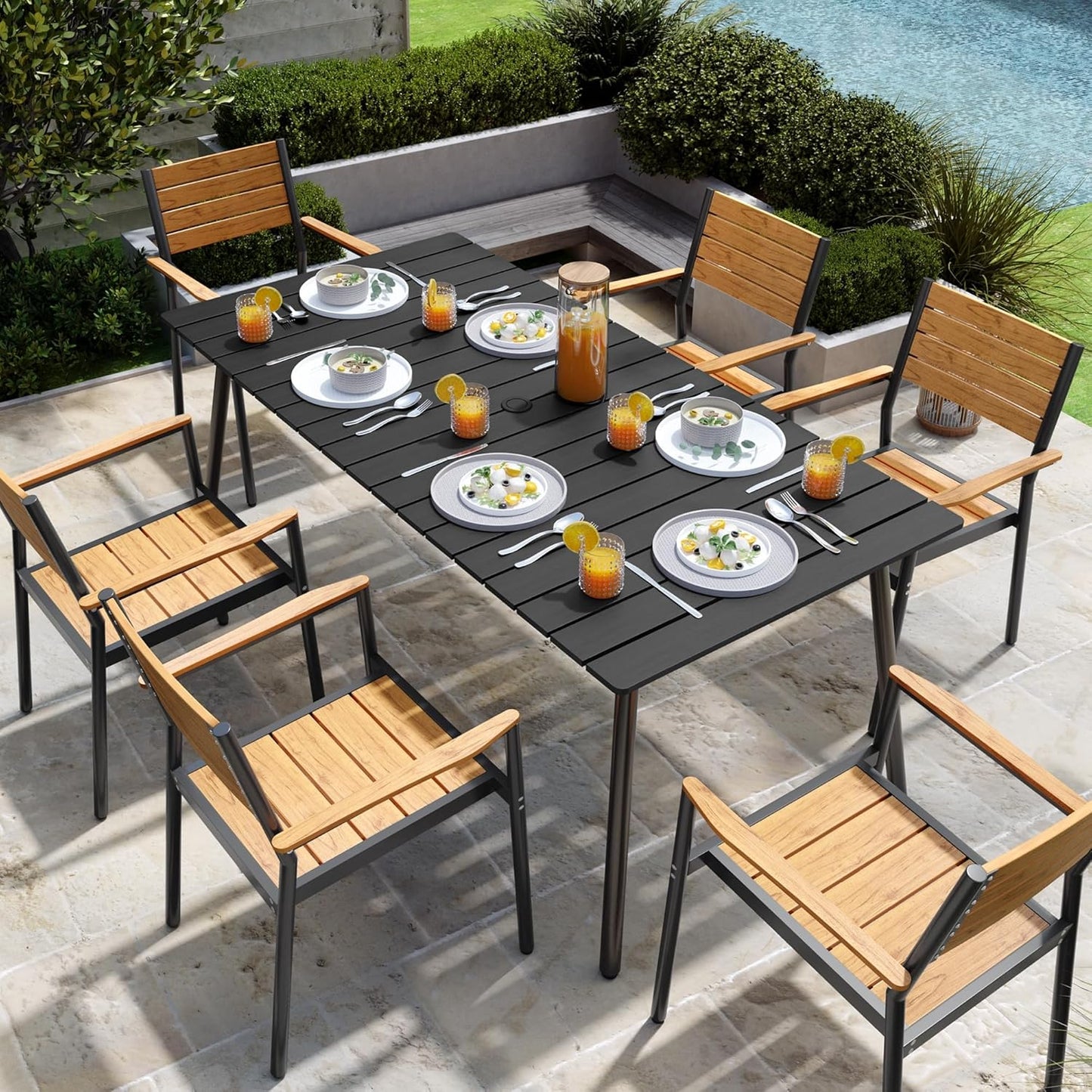 Outdoor Dining Table for 6, 70inch Patio Dining Table with Wooden-Like Top and Aluminum Frame, Rectangular Table with Umbrella Hole Outdoor Furniture, Only Table, Black