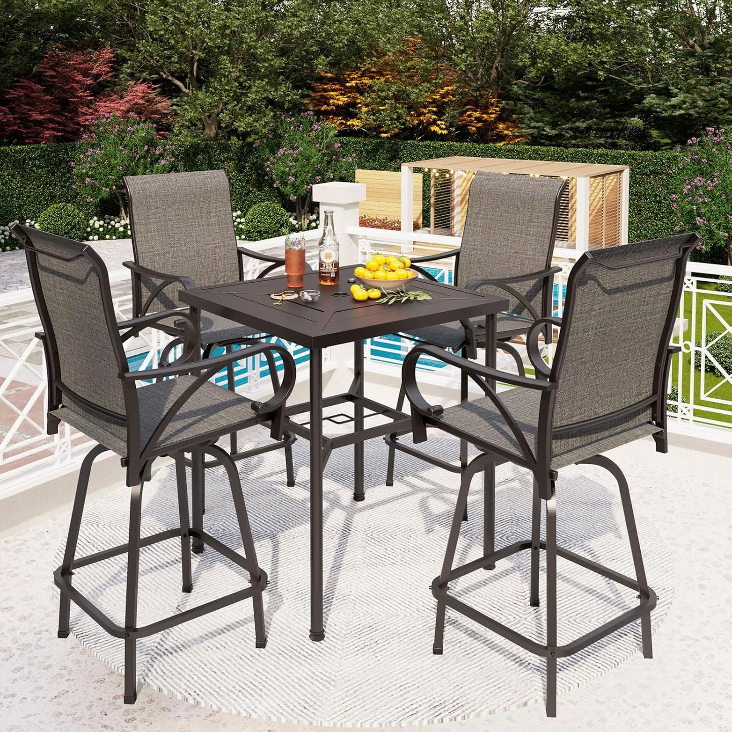PHI VILLA 5 Piece Patio Bar Set, Bar Height Outdoor Bistro Table and Chairs with Swivel Bar Stools (Gray) and Square Metal Bar Table for Deck, Garden and Porch