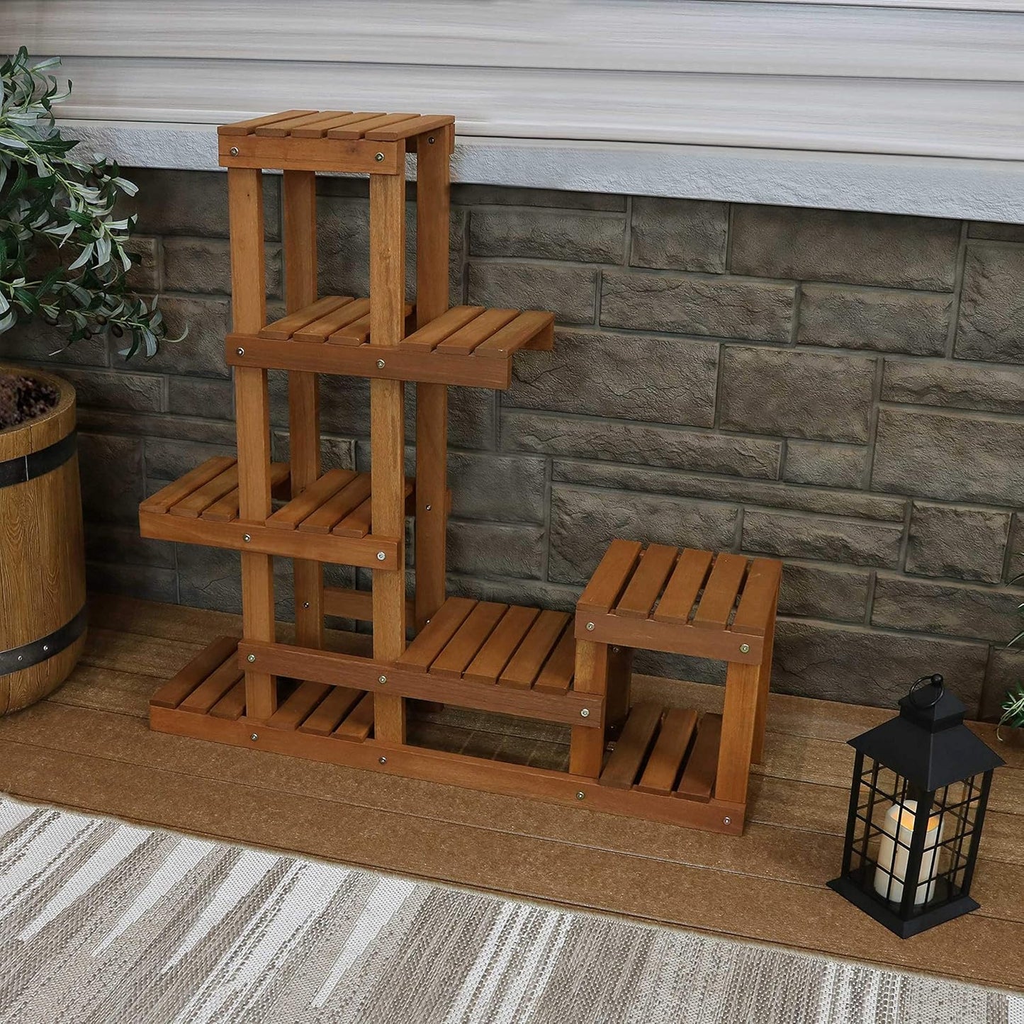 Sunnydaze 36-Inch Meranti Wood Indoor/Outdoor Multi-Tiered Plant Stand with Teak Oil Finish