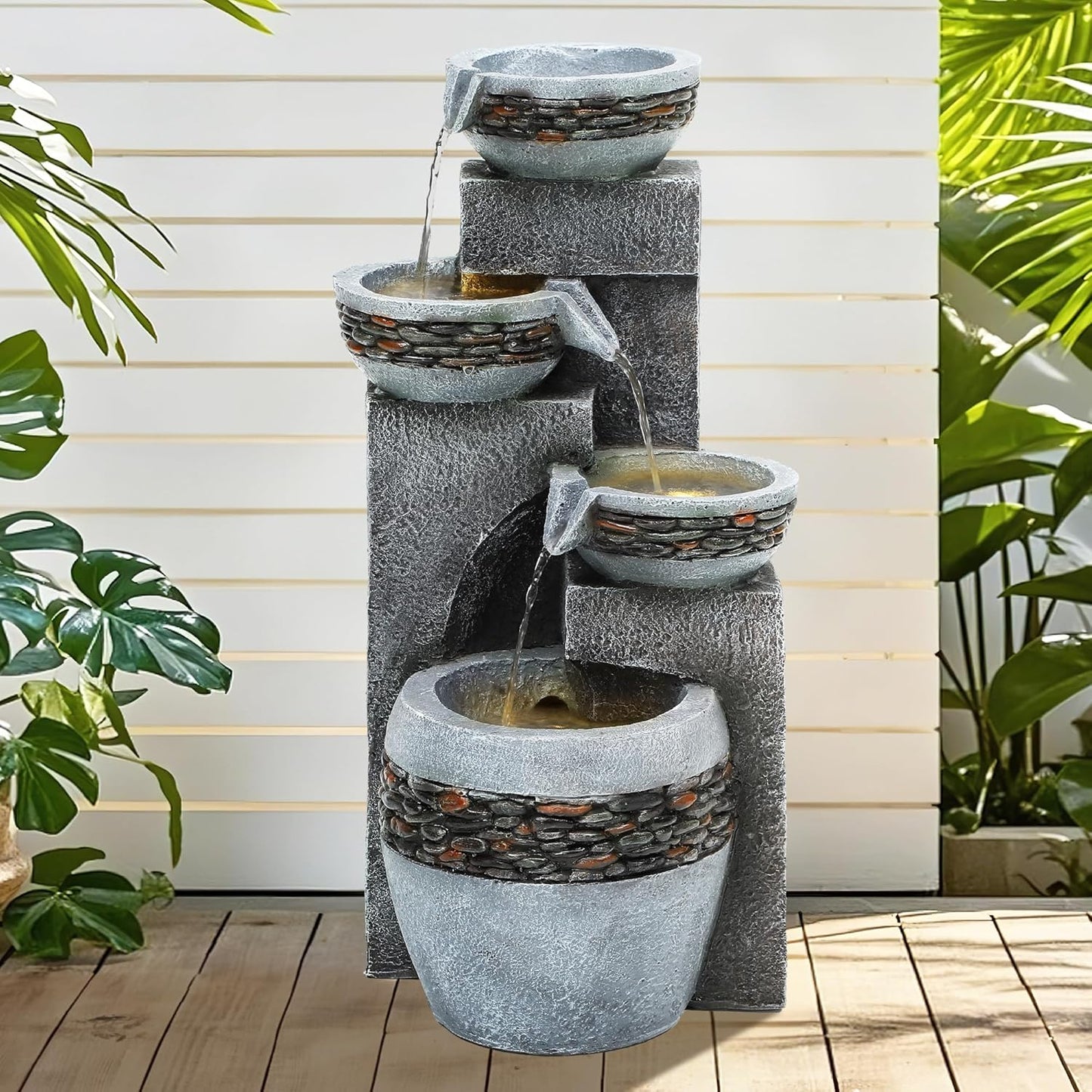 19.5" Tall 4-Tier Pedestal Outdoor Water Fountain with LED Lights and Pump, Relaxing Garden Fountain Waterfall for Patio, Porch, or Yard