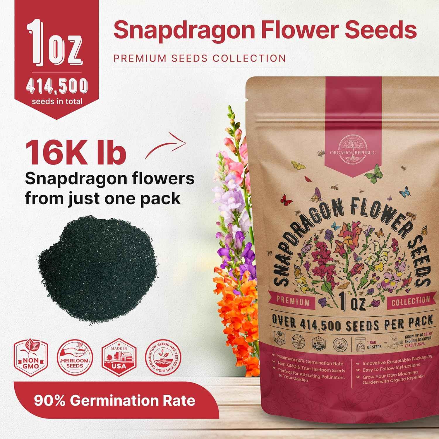 Snapdragon Flower Seeds Pack 1 oz - Over 414,500 Non-GMO Heirloom Snapdragon Seeds for Planting Indoor & Outdoor Gardening, Flower Seed for Home and Garden in Individual Packet, Floral Perennial Mix