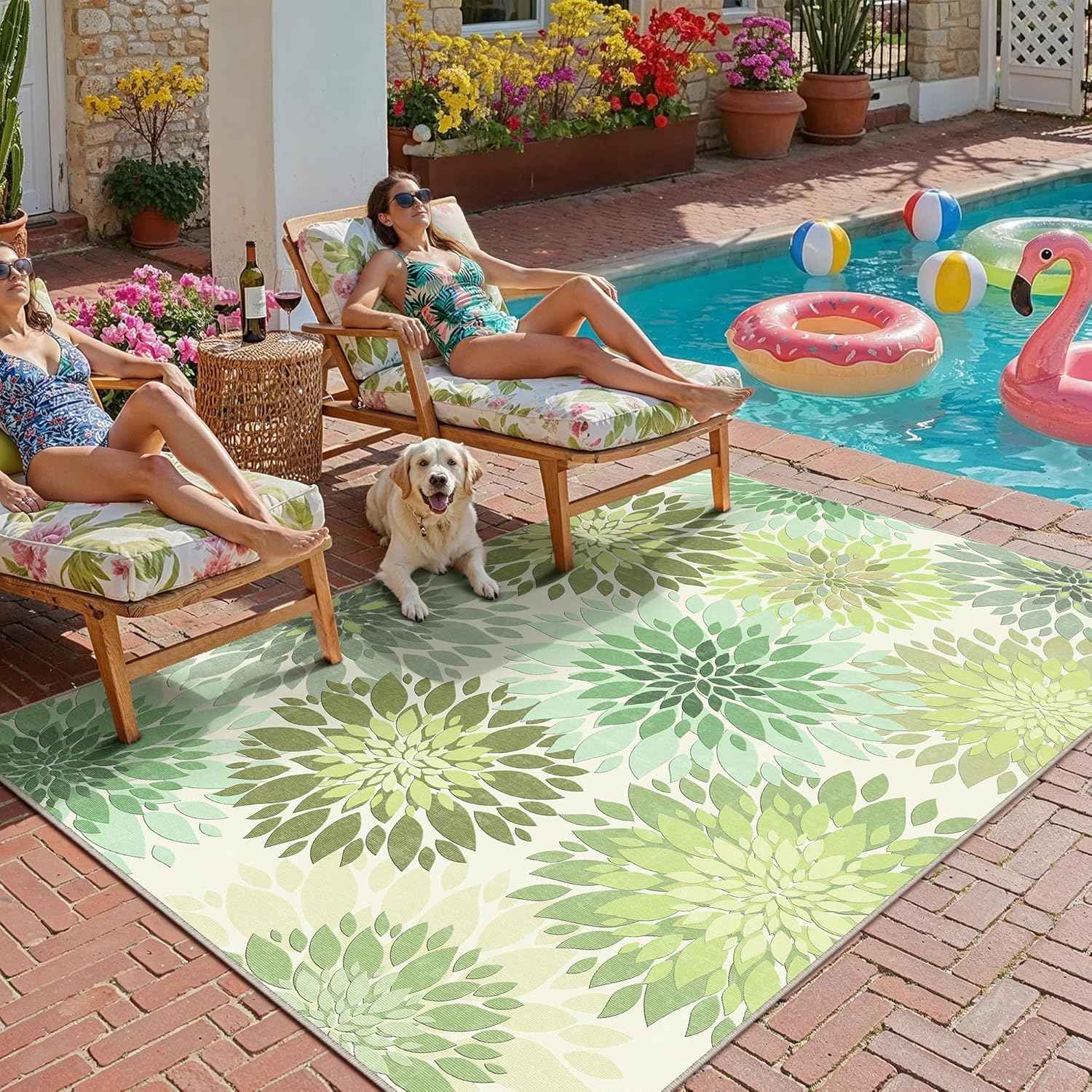5x8 Indoor Outdoor Area Rug Washable Patio Rug Green Non Slip Non Shedding Waterproof Carpet for Living Room Bedroom Backyard Porch Camping RV Balcony Poolside