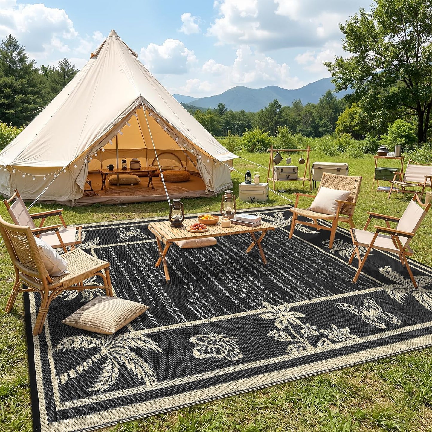 Garvee Outdoor Rug 9x12 Waterproof for Patios, Reversible Plastic Straw Rug, Tropical Leaf Indoor Outdoor Rugs, Large Area Rug for RV, Camping, Deck, Picnic Mat, Outside Carpet