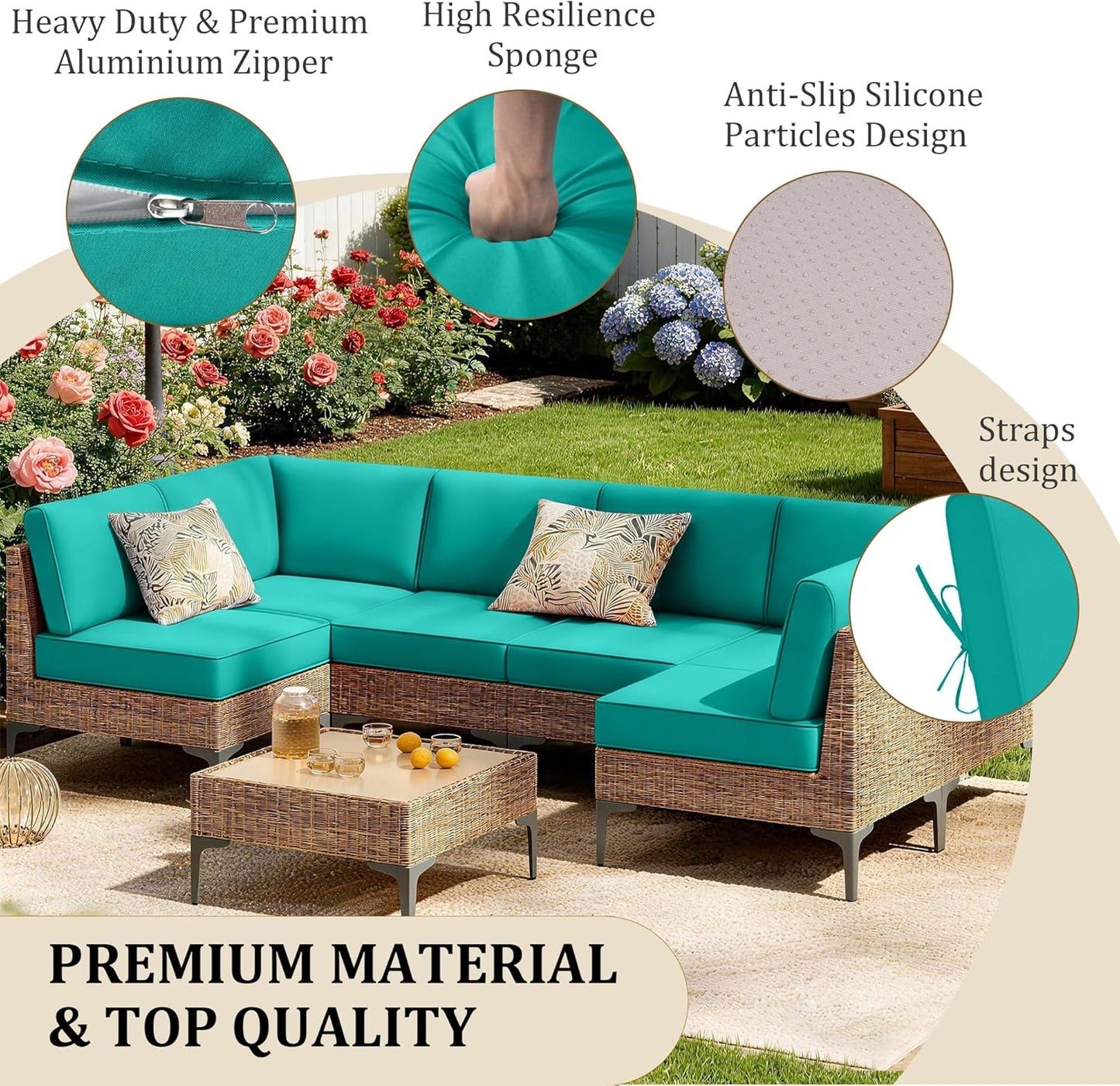 Outdoor Sectional Cushions 14-Piece Replacement Cushions Set for 6-Seat Patio Furniture Waterproof 4'' Thick Outdoor Sofa Cushion Patio Wicker Couch Cushion (Turquoise, 14-Piece Set)