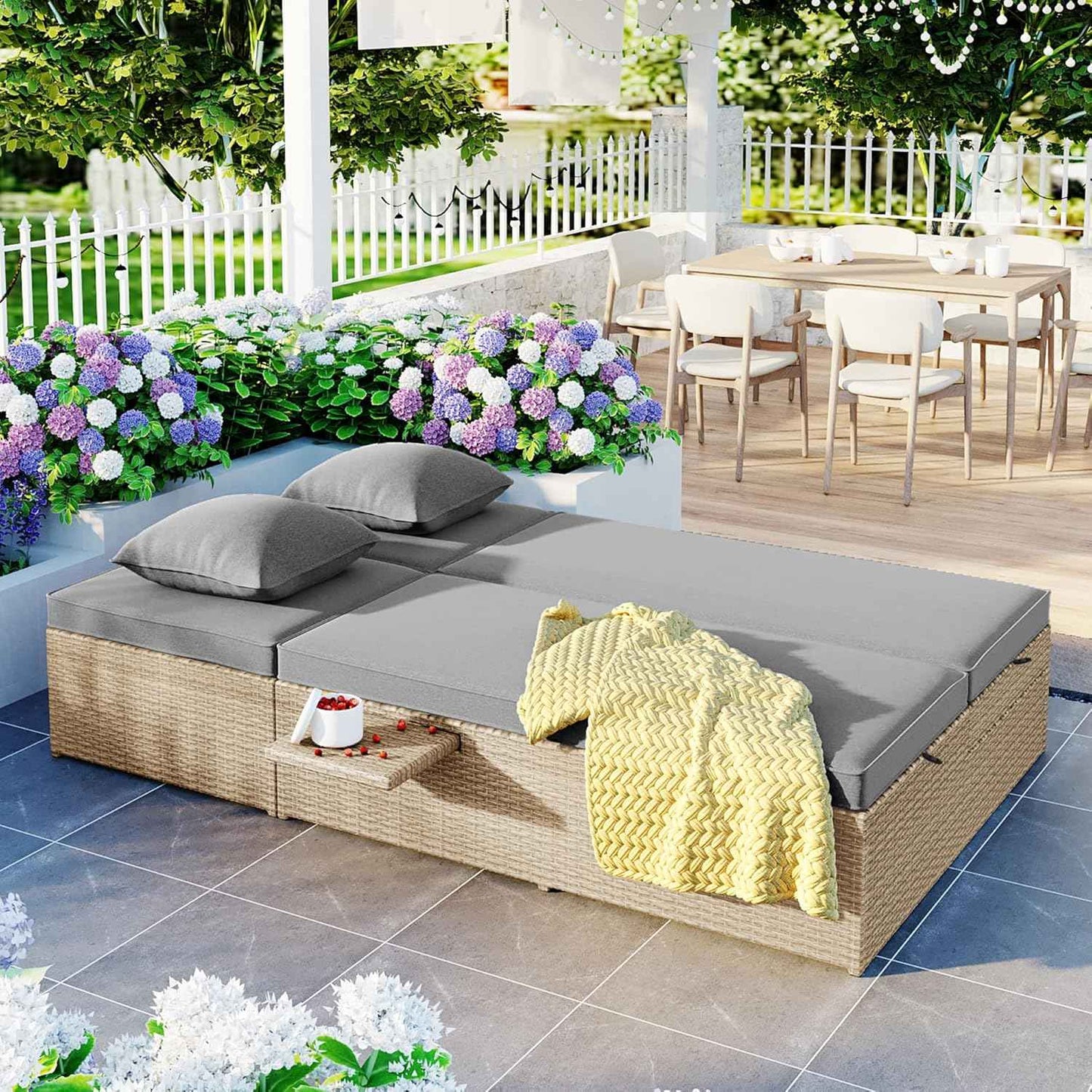 Outdoor Rattan Daybed Patio Wicker Double Sunbed with Adjustable Backrest and Cup Tray, All Weather Patio Reclining Chairs Conversations Set with Thick Cushions and Pillows for 2 Person (Brown-D)