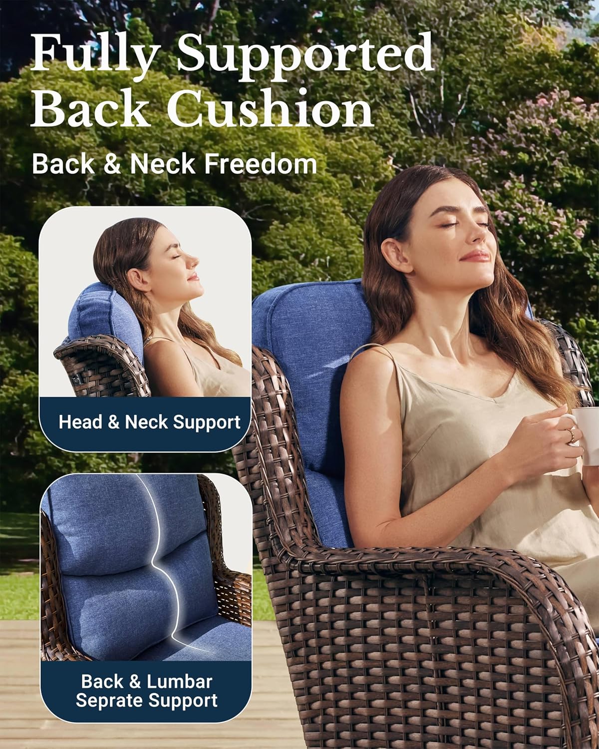 HILLGA Luxury Patio Furniture Set with 6-inch Thick Cushion, Outdoor Sectional Sofa and High Back Swivel Rocker Patio Chairs, 10PCS Wicker Conversation Set for Deck Yard and Poolside, Blue (V2)