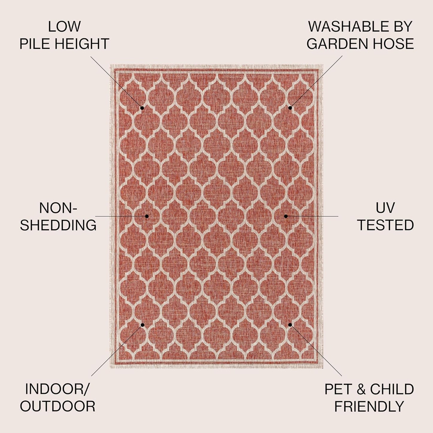 Eyely BMS109C-3SQ Santa Monica Trebol Moroccan Trellis Textured Weave, Pet Friendly, Non-Shedding, Stain Resistant, Easy-Cleaning, Red/Beige, 3' Square, Indoor/Outdoor, Area Rug