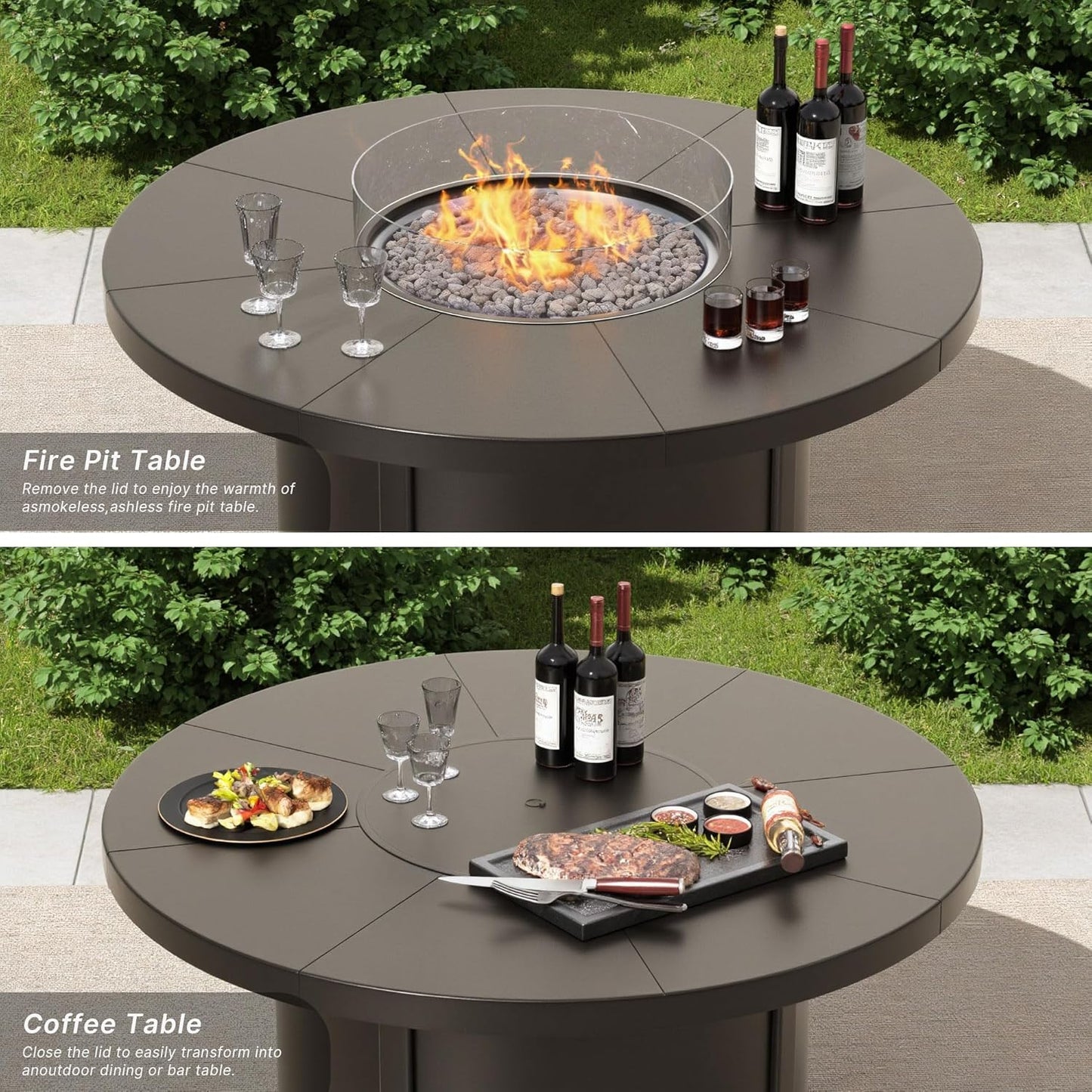 5 Piece Metal Outdoor Patio Furniture Set with 48"/55000 BTU Round Fire Pit Table,Outdoor Dining Table Set 4 Swivel Chairs No-Slip Cushions and Waterproof Covers,Grey