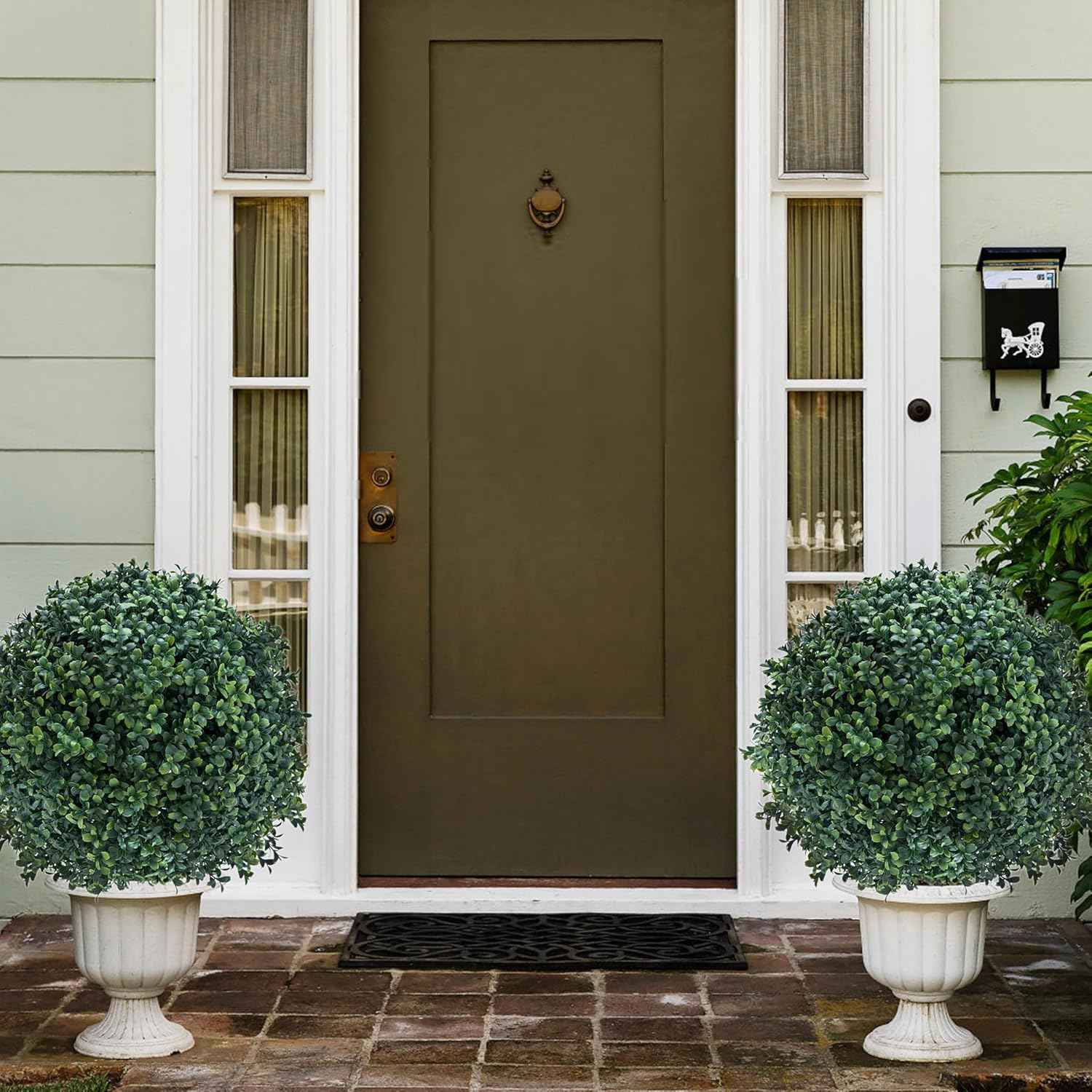 27.5" Artificial Boxwood Topiary Ball Tree with Ground Spike, Set of 2 Artificial Cedar Bushes, UV Resistant Faux Boxwoods Outdoor Plants Artificial for Porch Garden Front Porch Decor
