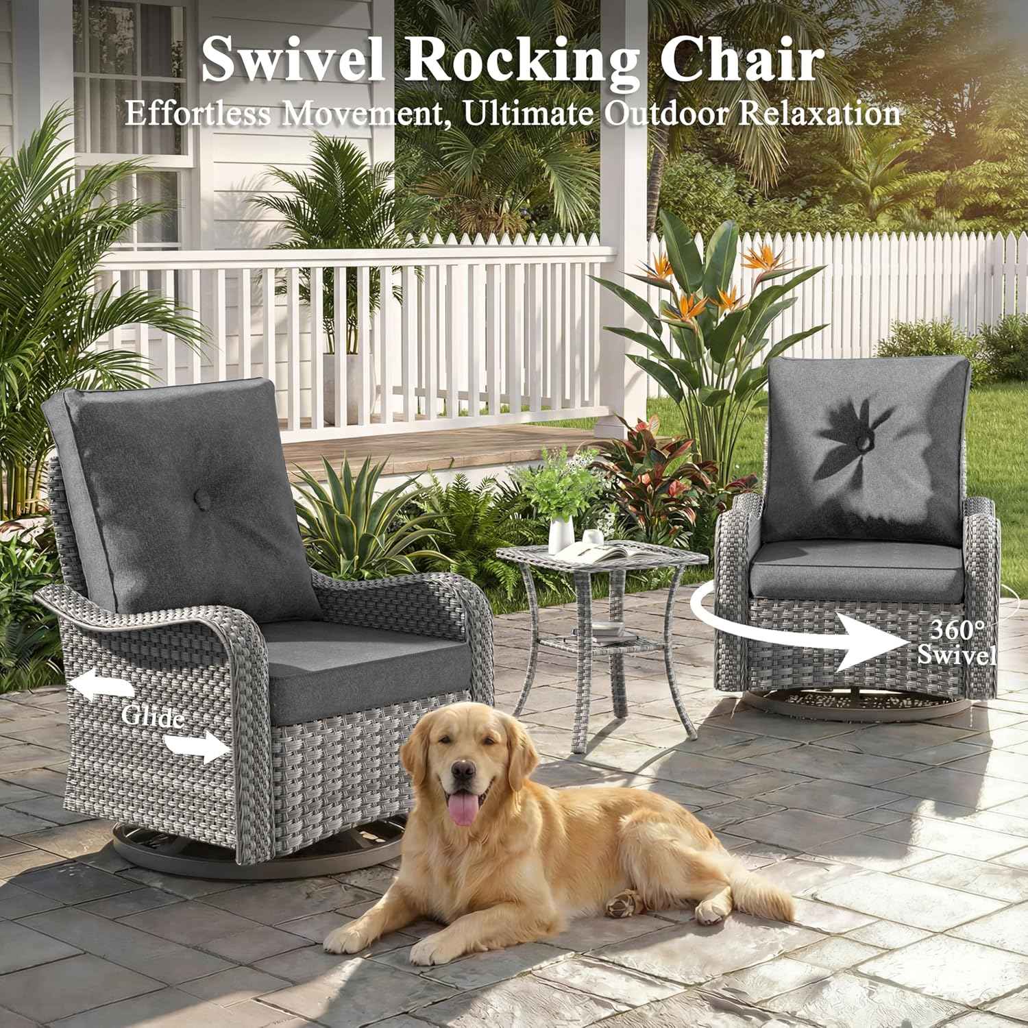 3 Piece Wicker Patio Furniture Set, Swivel Rocking Chairs with 4''Cushions, PE Rattan, Rust Resistant Frame, Double Layer Glass Side Table, for Backyard, Deck or Balcony, Black