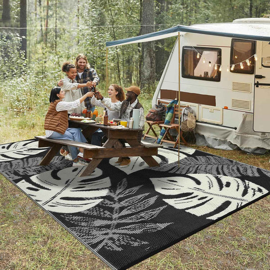 Washable Outdoor Rug Geometric Patio Carpet Waterproof Non-Slip Non-Shedding Ideal for Backyard Deck Porch Camping Beach Farmhouse Black&Beige8x10
