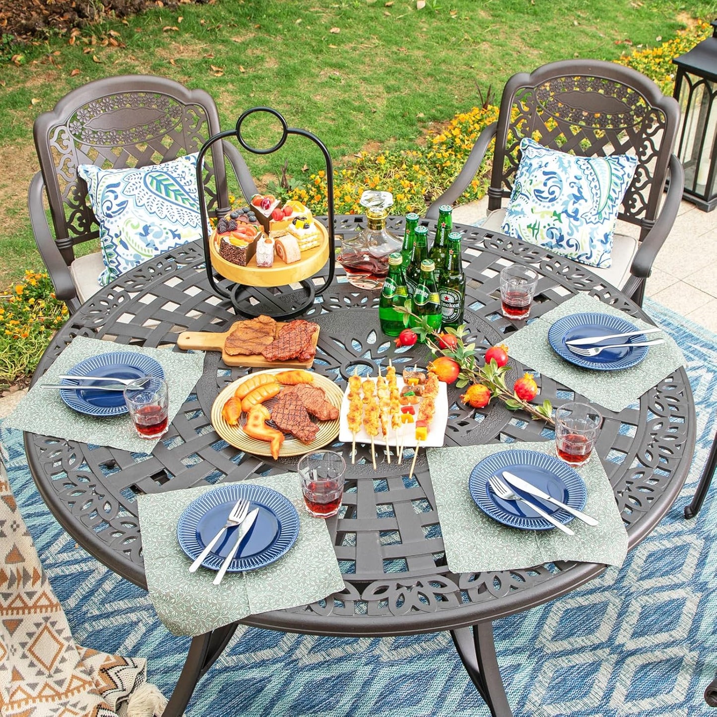Sophia & William Outdoor Dining Table 6-Person Round Cast Aluminium, Patio Bistro Table with 2.2" Umbrella Hole for Porch Backyard, Bronze