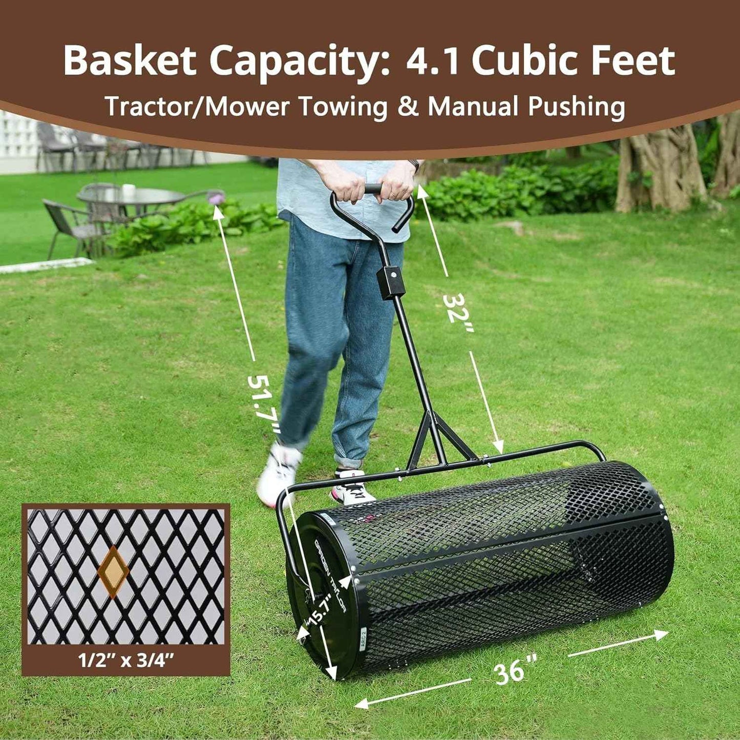 Compost Spreader 36 Inch Towable Peat Moss Spreader with Installation Support Accessories, Black Metal Mesh Roller Lawn Spreader for Top Soil, Manure, Mulch, Top Dressing - Garden spreaders for lawns