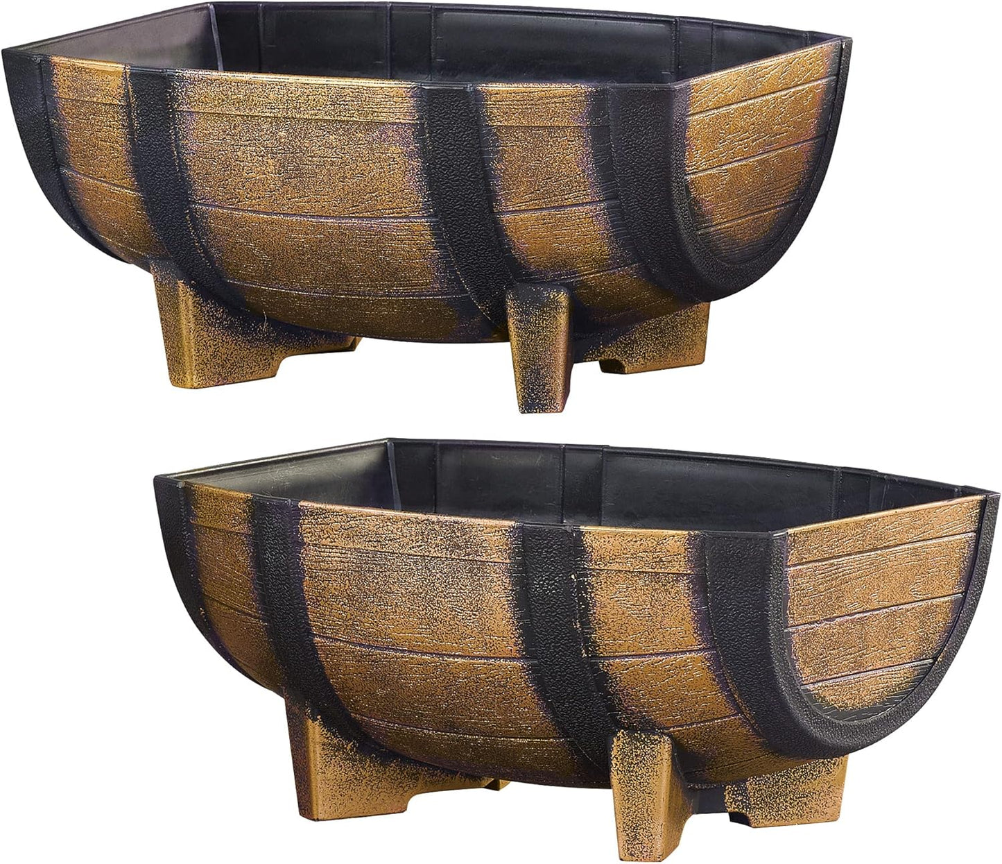 Collections Etc Rustic Half Barrel Planters - Set of 2, Weather Resistant Decorative Accent with Removable Drain Screen