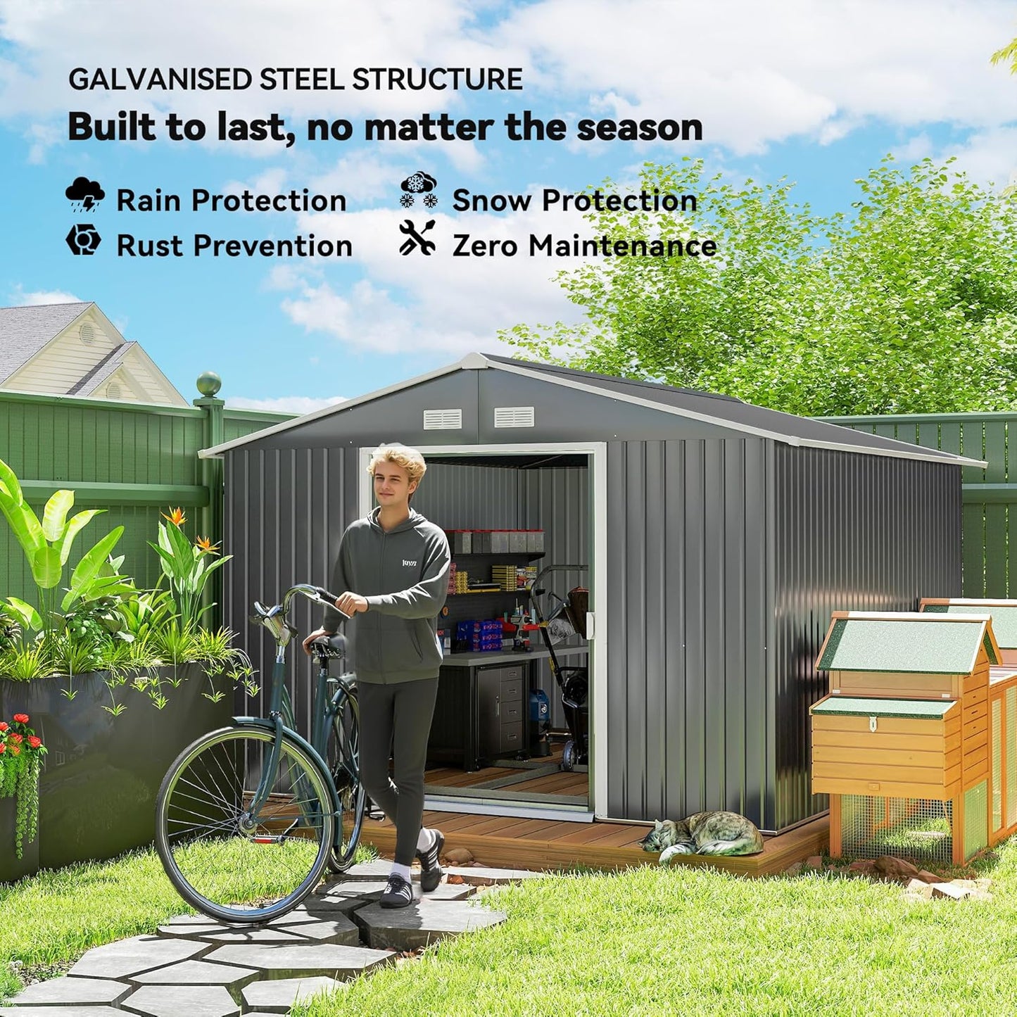 Outsunny 11' x 9' Outdoor Storage Shed, Garden Tool Metal Shed with Foundation Kit, Double Lockable Door, Air Vents and Sloping Roof, for Backyard, Patio, Lawn, Gray