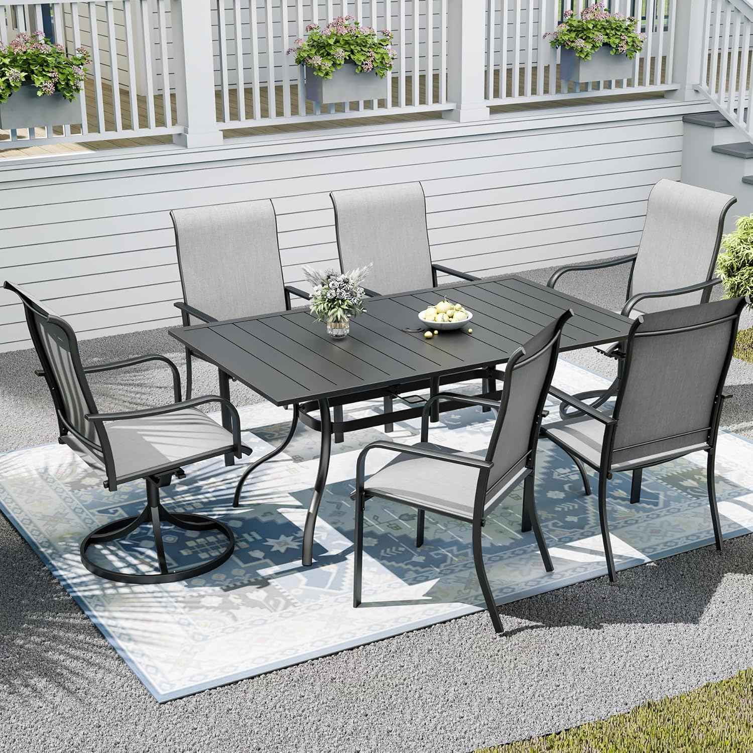 7-Pieces Patio Dining Furniture Set,63" Big Size Metal Patio Table with Umbrella Hole,4pcs Dining Chairs and 2pcs Swivel Chairs,Perfect for Garden Backyard Lawn Poolside