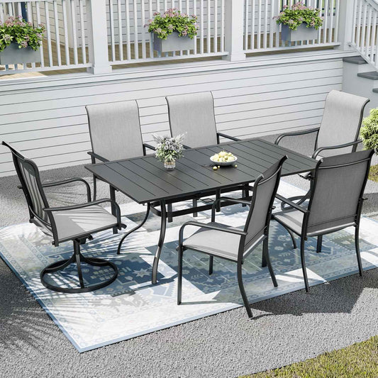 7-Pieces Patio Dining Furniture Set,63" Big Size Metal Patio Table with Umbrella Hole,4pcs Dining Chairs and 2pcs Swivel Chairs,Perfect for Garden Backyard Lawn Poolside