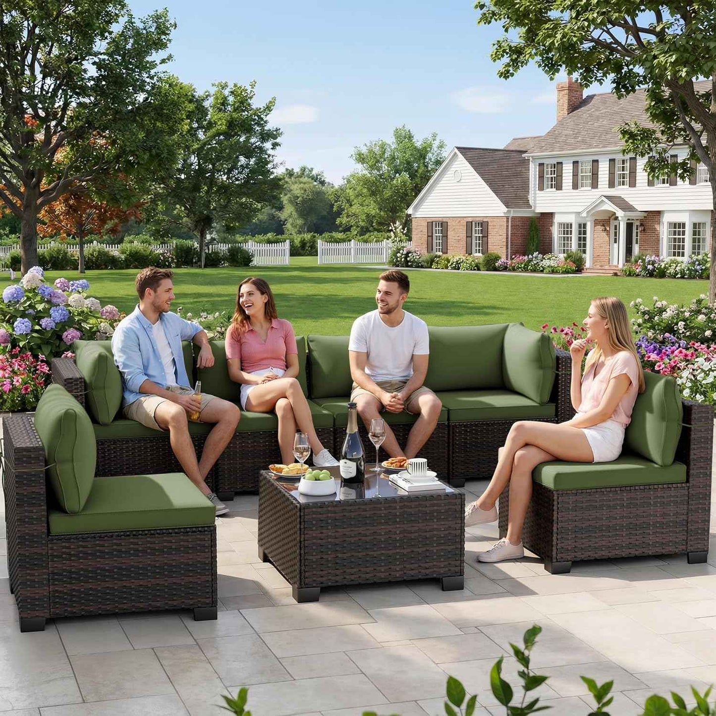 LEVELEVE 7-Piece Outdoor Patio Furniture Sets, Manual Weaving Rattan Conversation Sectional Sofa with Tempered Glass Coffee Table, All-Weather PE Wicker & Thick Cushions for Garden, Backyard, Porch