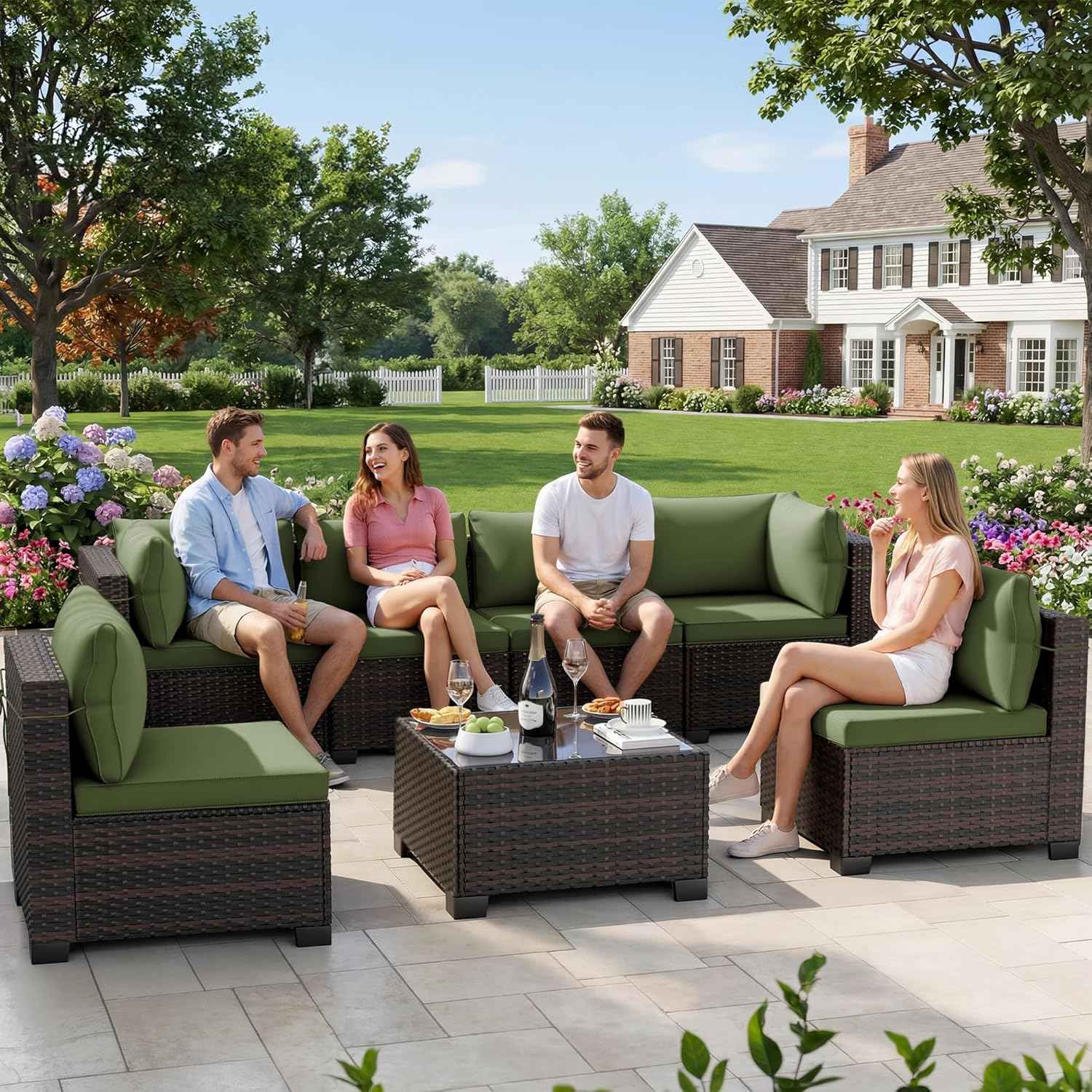 LEVELEVE 7-Piece Outdoor Patio Furniture Sets, Manual Weaving Rattan Conversation Sectional Sofa with Tempered Glass Coffee Table, All-Weather PE Wicker & Thick Cushions for Garden, Backyard, Porch