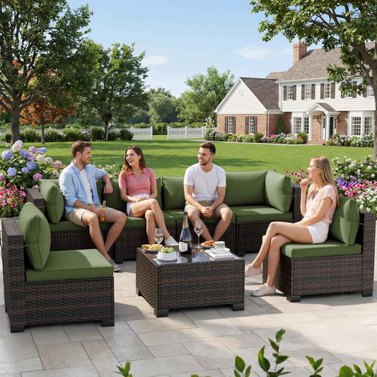 LEVELEVE 7-Piece Outdoor Patio Furniture Sets, Manual Weaving Rattan Conversation Sectional Sofa with Tempered Glass Coffee Table, All-Weather PE Wicker & Thick Cushions for Garden, Backyard, Porch